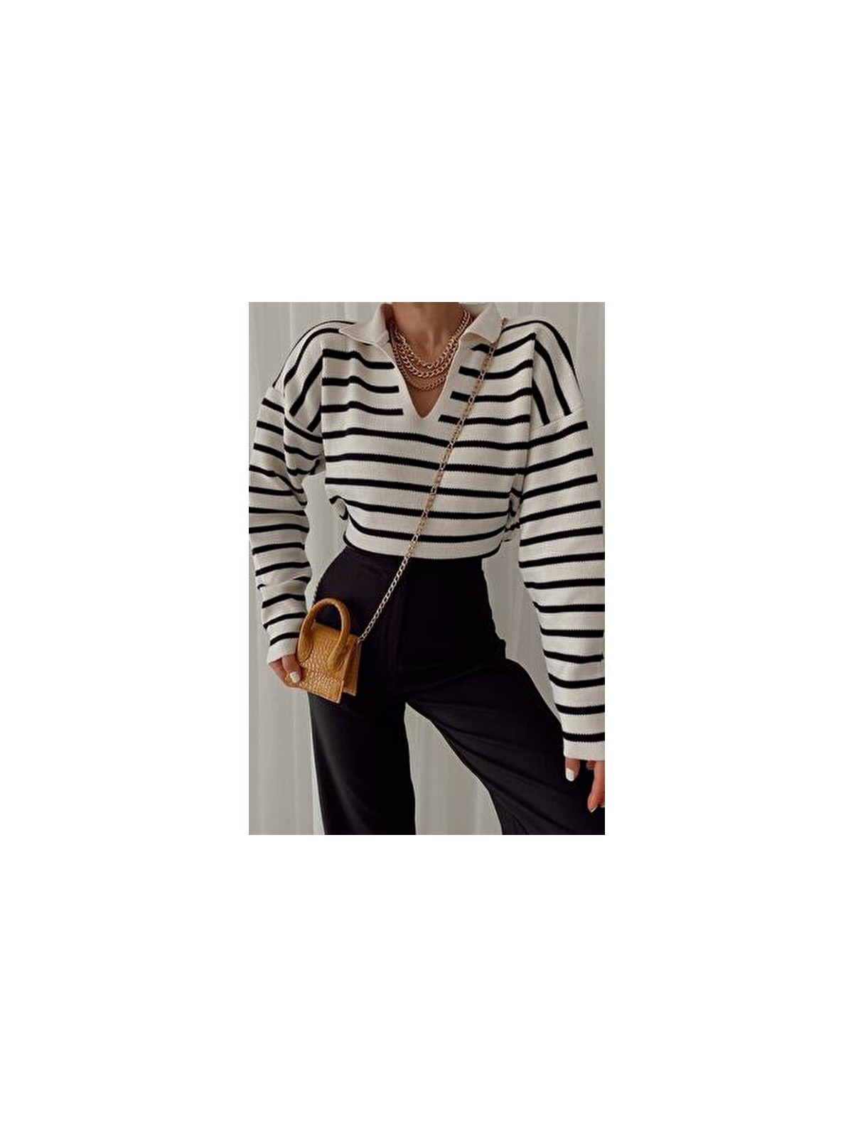 My Love Butik Polo Yaka Çizgili Triko Kazak Krem Kadın Casual Stil Uzun Kol Regular Kesim