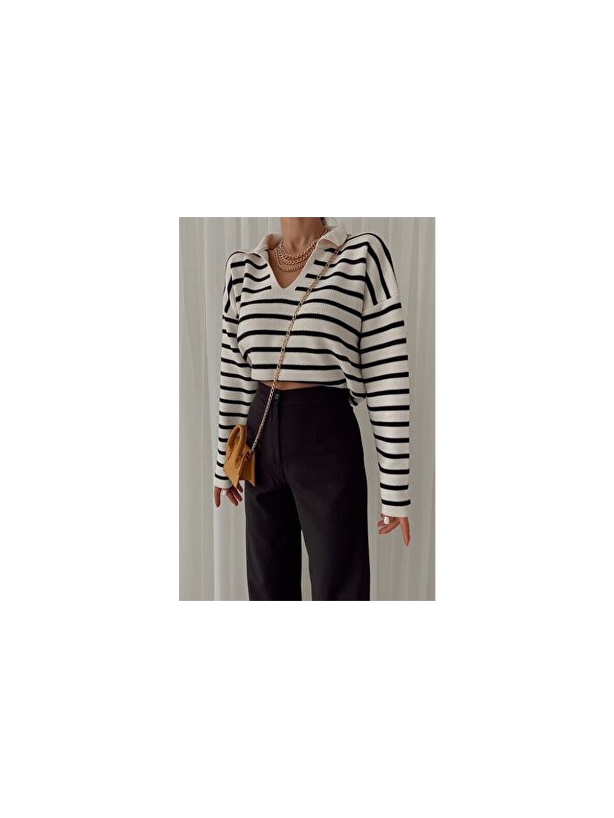 My Love Butik Polo Yaka Çizgili Triko Kazak Krem Kadın Casual Stil Uzun Kol Regular Kesim - Görsel 2