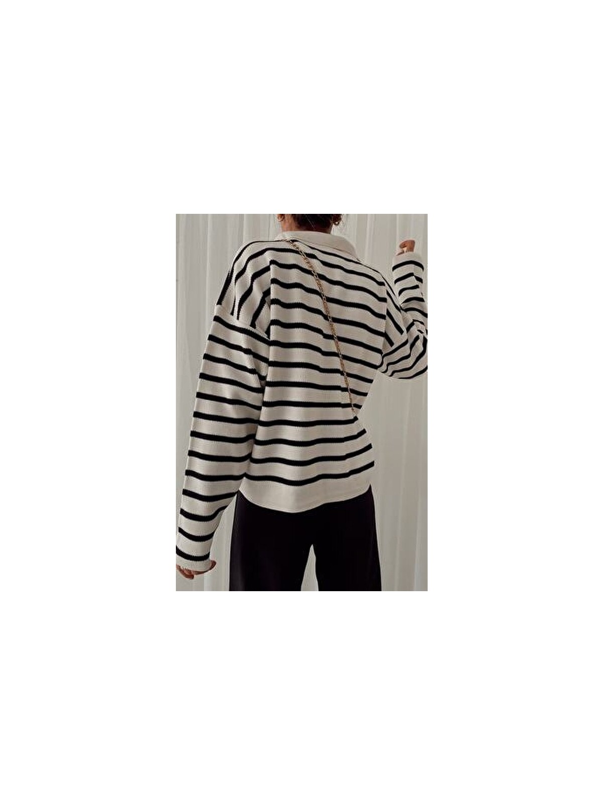 My Love Butik Polo Yaka Çizgili Triko Kazak Krem Kadın Casual Stil Uzun Kol Regular Kesim - Görsel 4
