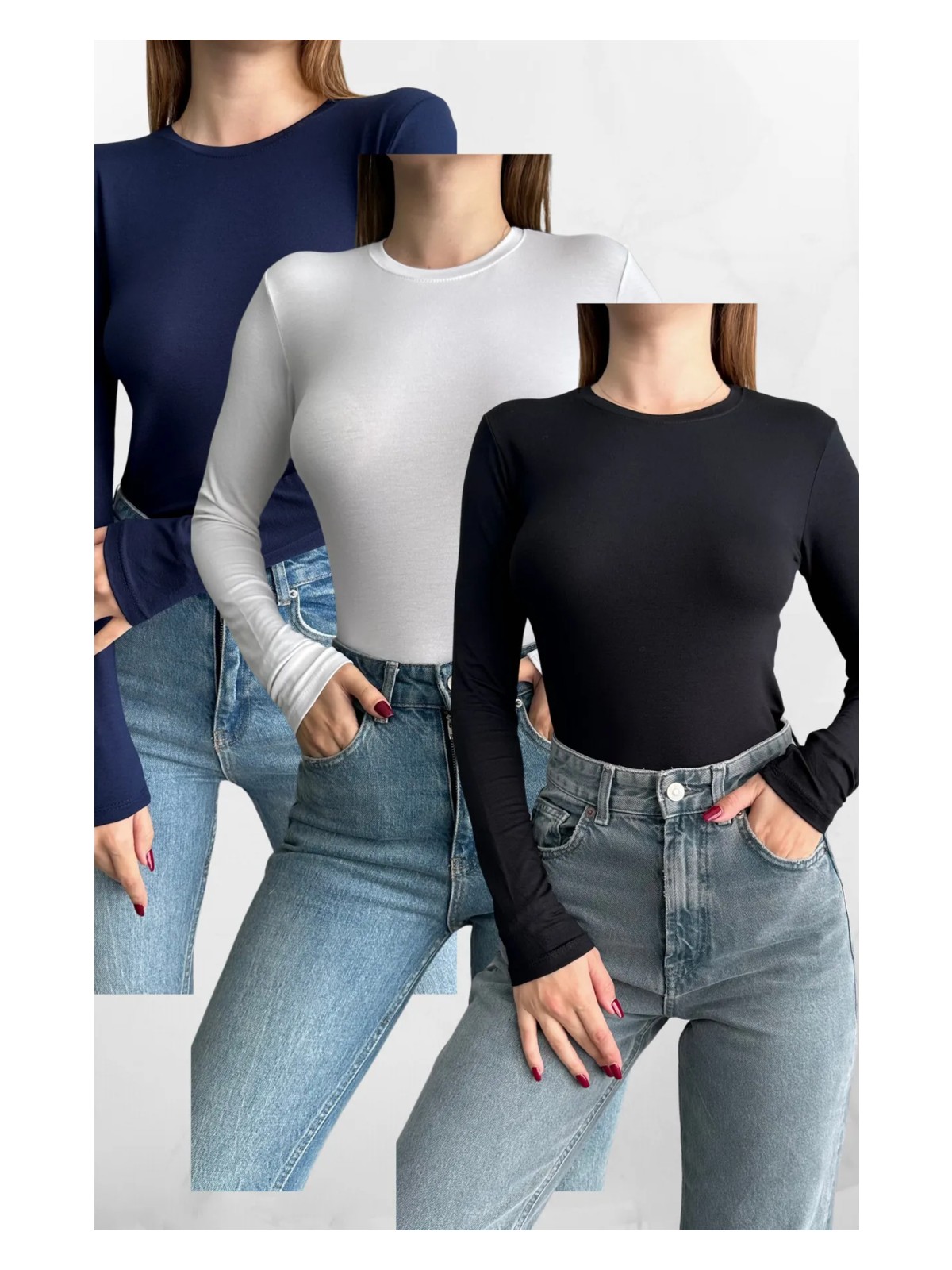 Macharel Jeans Siyah-Beyaz-Lacivert 3'lü Bisiklet Yaka Basic Uzun Kollu Body Siyah-Beyaz-Lacivert / Standart