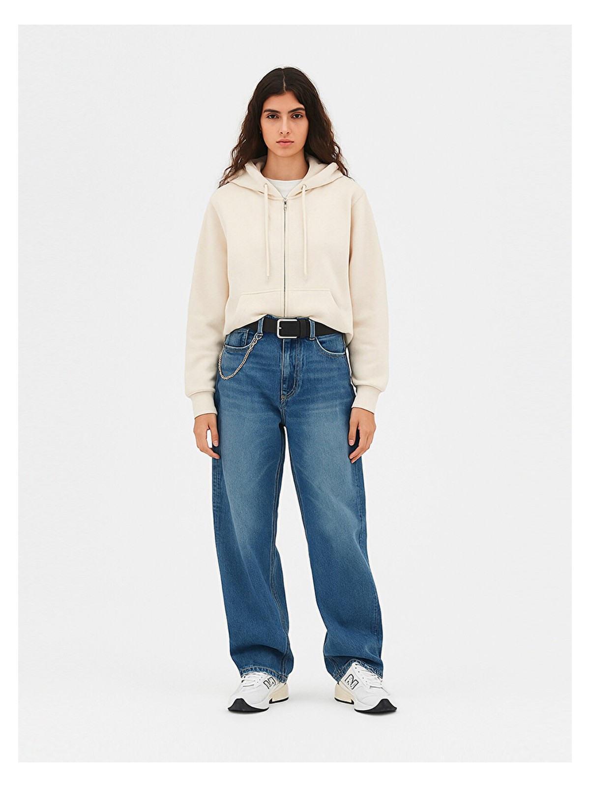 LTB Uzun Kollu Kapüşonlu Önü Fermuarlı Krem Sweatshırt