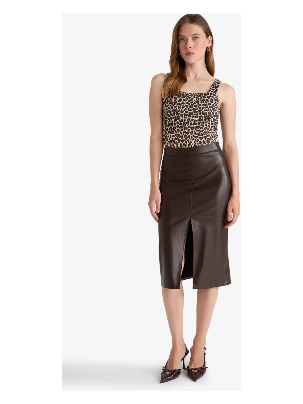 DeFacto Kalem Yüksek Bel Penye Astar Suni Deri Midi Etek D4638AX25AU