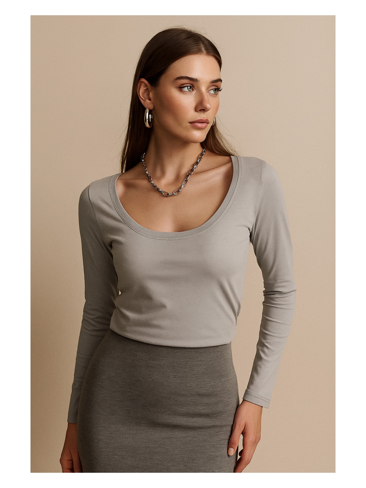 Rich Kadın Gri U Yaka Uzun Kollu Bluz