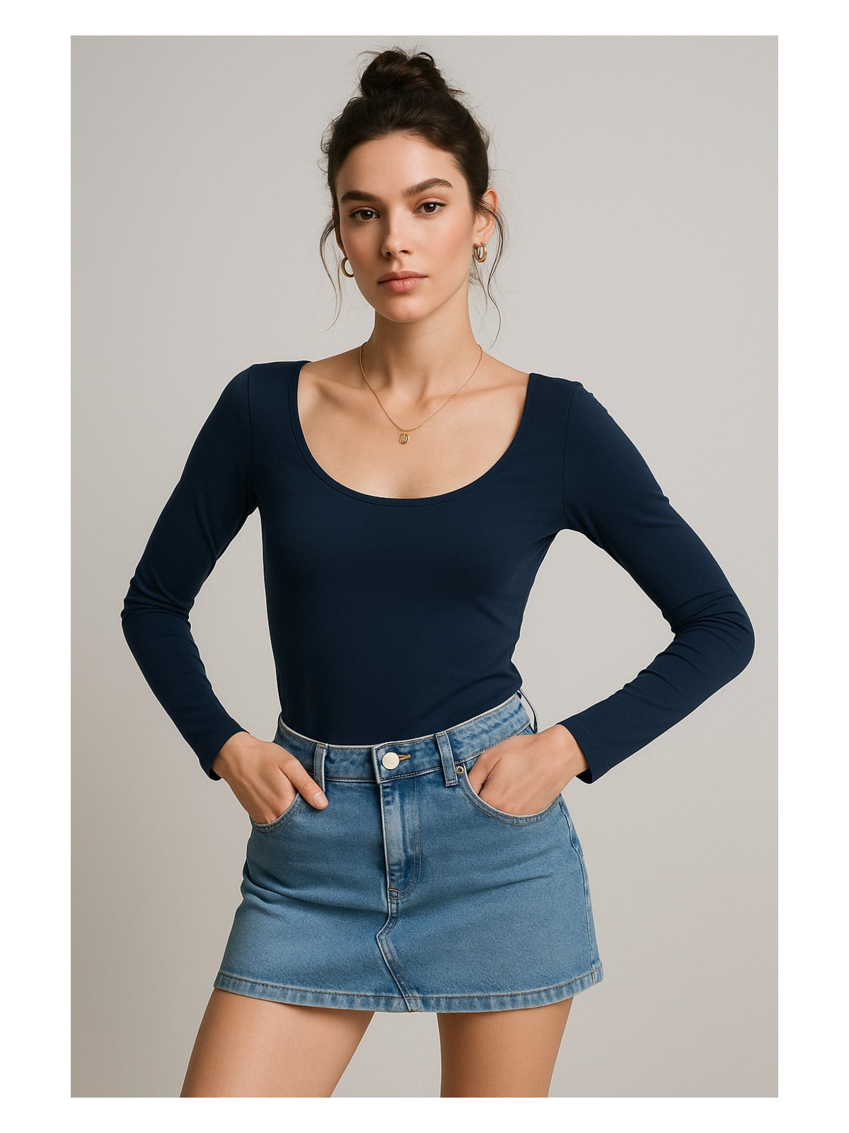 Rich Kadın Lacivert U Yaka Uzun Kollu Bluz