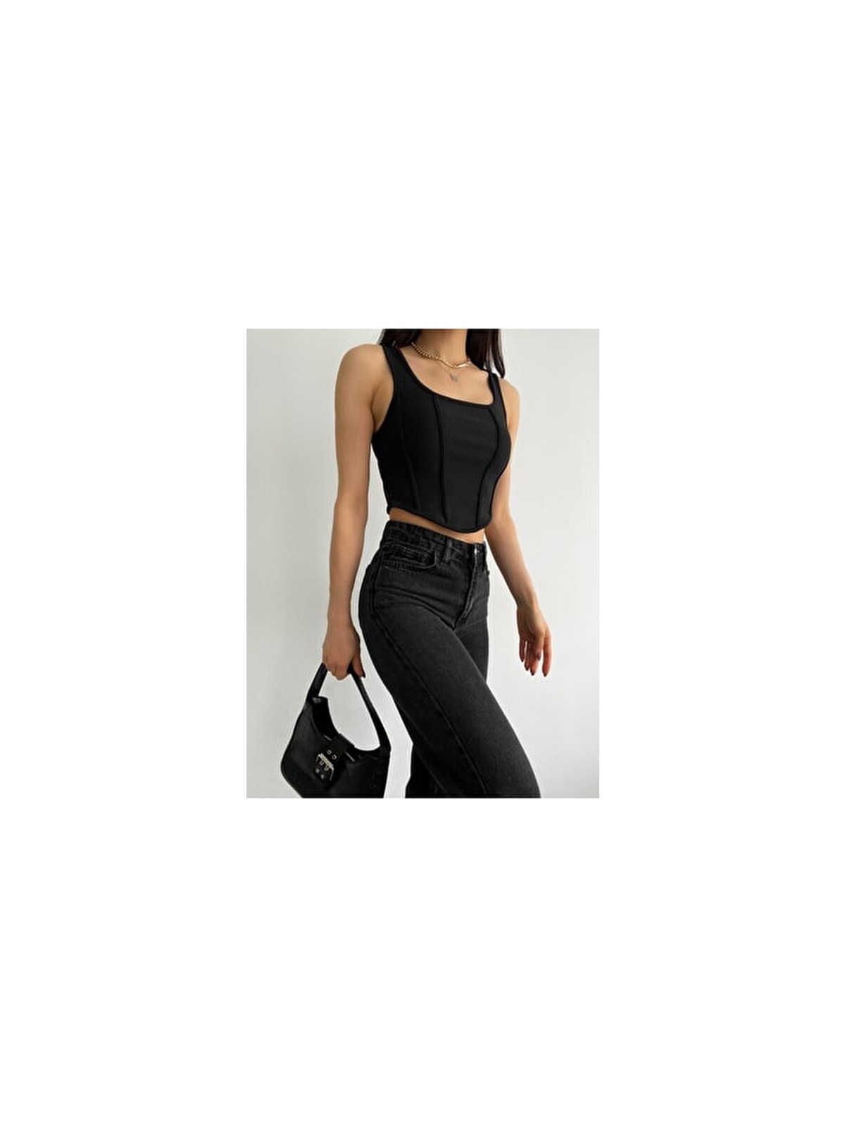 Qutta Siyah Crop Bluz Kare Yaka Korse Görünümlü Fitilli Kadın Polyester - Pamuk
