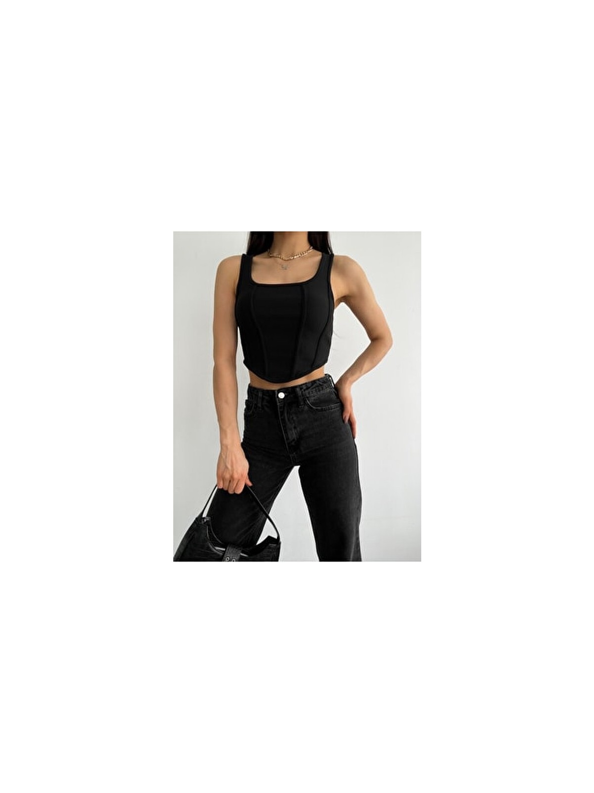 Qutta Siyah Crop Bluz Kare Yaka Korse Görünümlü Fitilli Kadın Polyester - Pamuk - Görsel 2