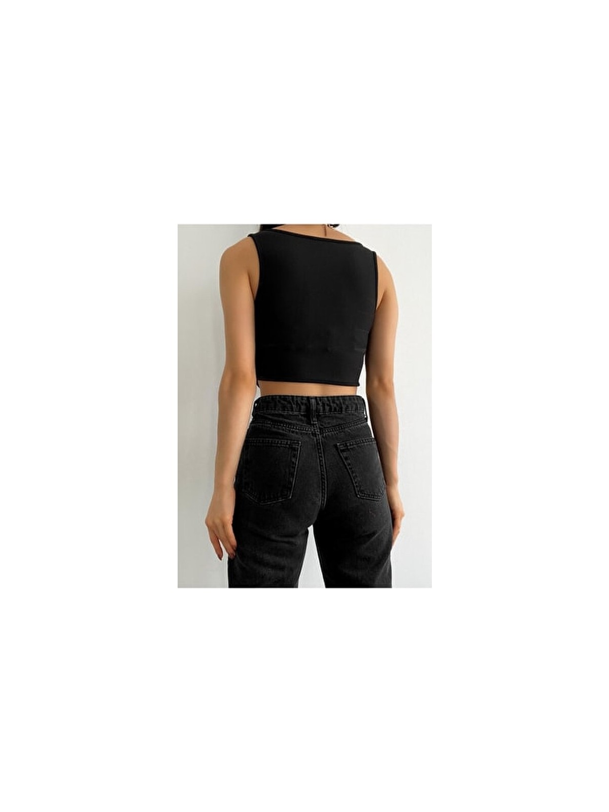 Qutta Siyah Crop Bluz Kare Yaka Korse Görünümlü Fitilli Kadın Polyester - Pamuk - Görsel 7