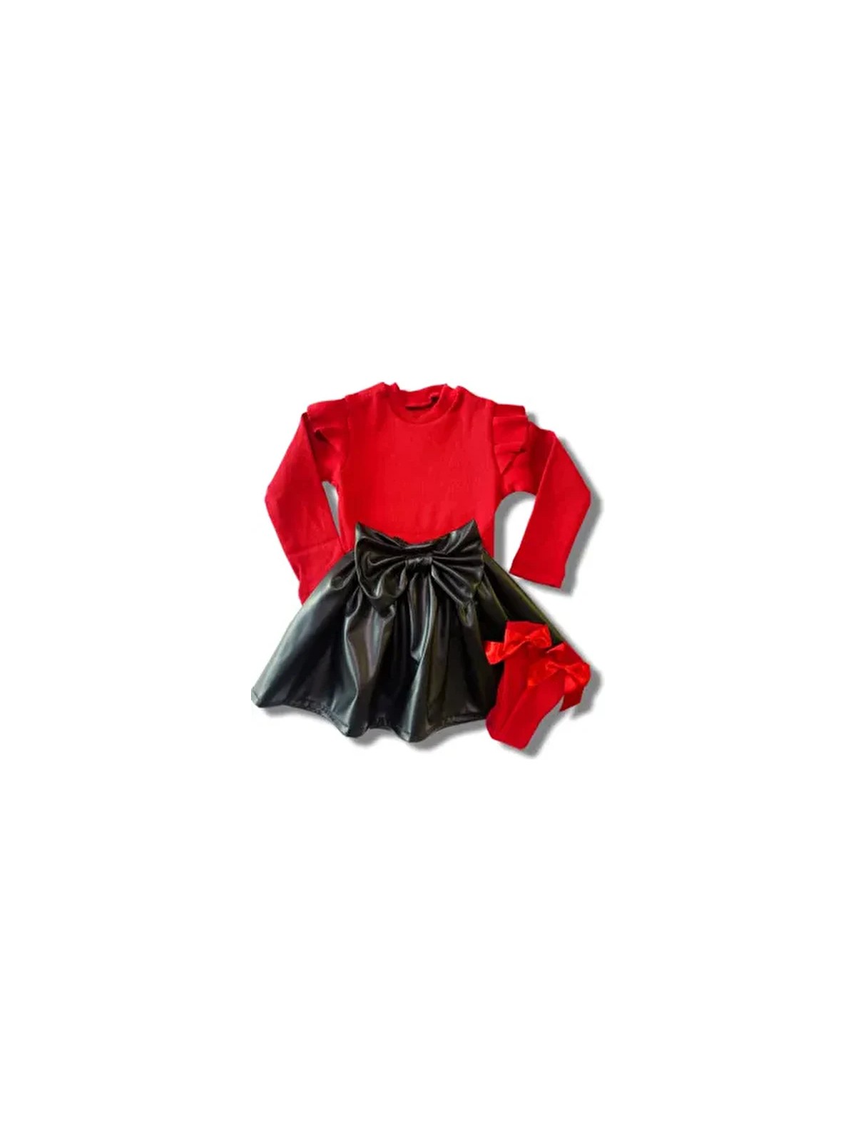 Özge Başaran Kız Bebek Çocuk Fırfırlı Kırmızı Badi Deri Etek Fiyonklu Çorap Seti Günlük Stil