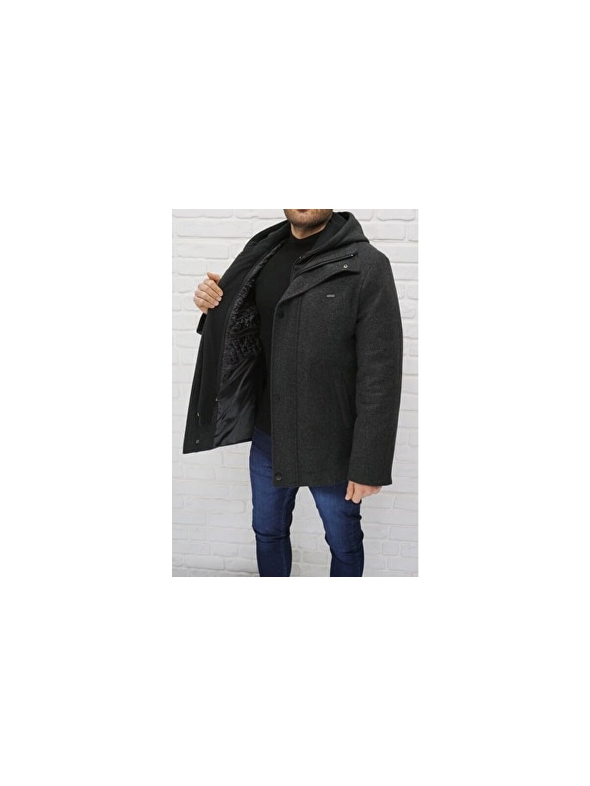 Dynamo Kapüşonlu Yün Karışımlı Kaban Kadınlar İçin Casual Stil Füme Renk - Görsel 4
