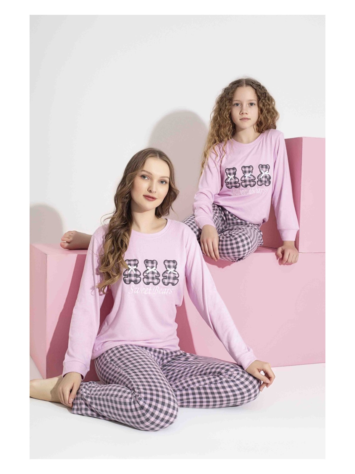 Aygebu Tarık Kadın Pembe Ayıcık Desen Anne Kız Kombin Termal Kışlık Sıcak Tutan Yumuşak Pijama Takımı