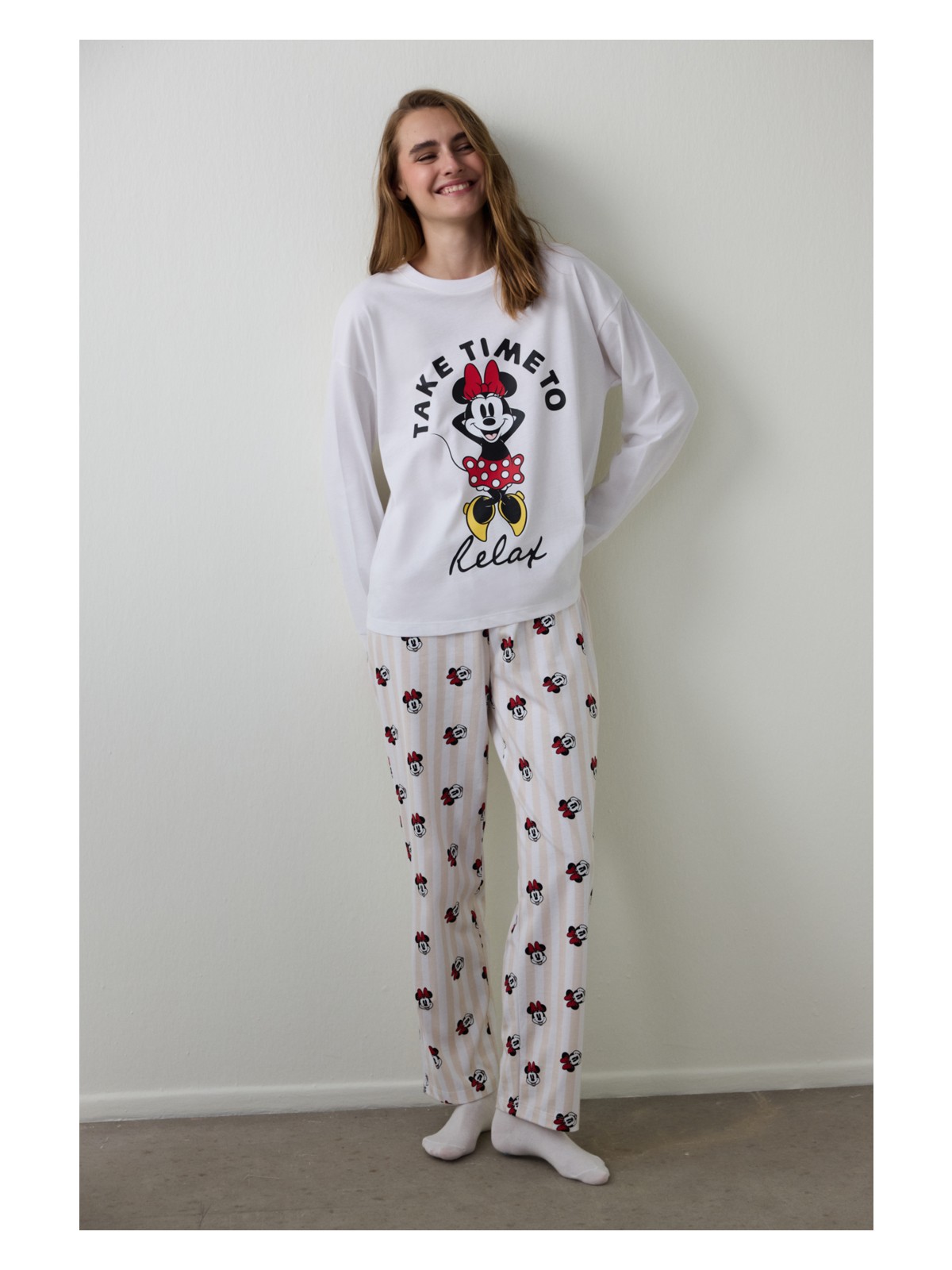 Penti Optik Beyaz Mickey Mouse Baskılı Pamuklu Uzun Kollu Pijama Takımı