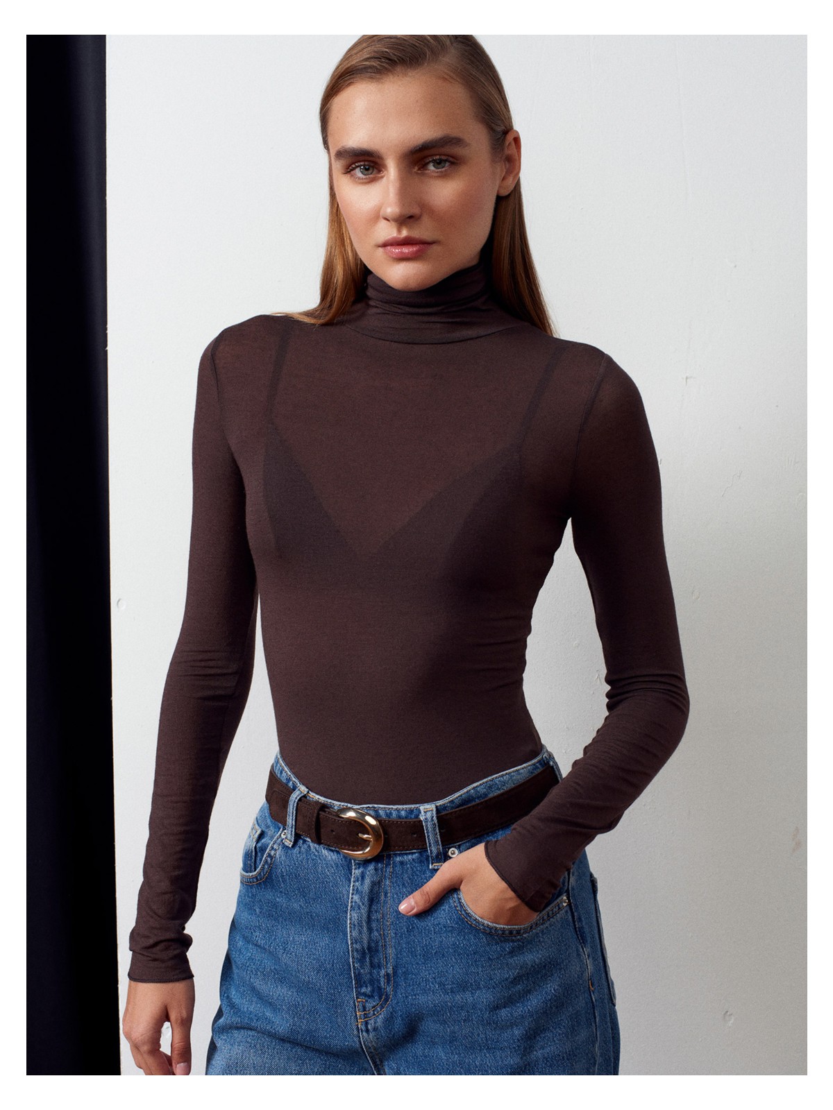 Dilvin 32277 Balıkçı Yaka Kaşmir Bluz-Kahve