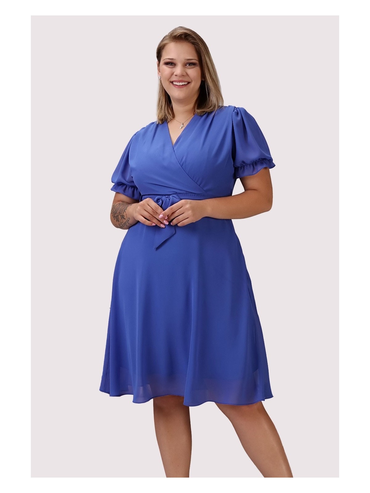 Apsen Kadın Kruvaze Yaka Kuşaklı Büyük Beden Midi Boy Şifon Elbise 4255-110 - Görsel 8