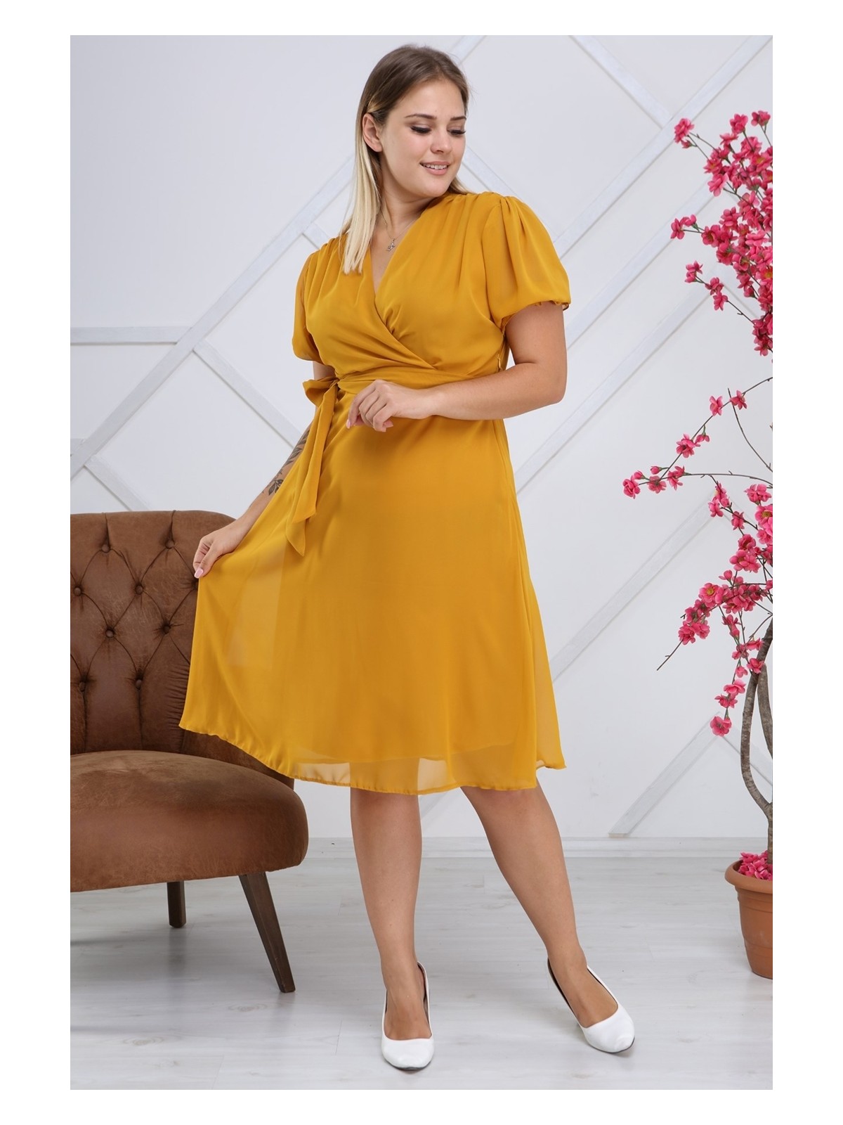 Apsen Kadın Kruvaze Yaka Kuşaklı Büyük Beden Midi Boy Şifon Elbise 4255-110 - Görsel 5