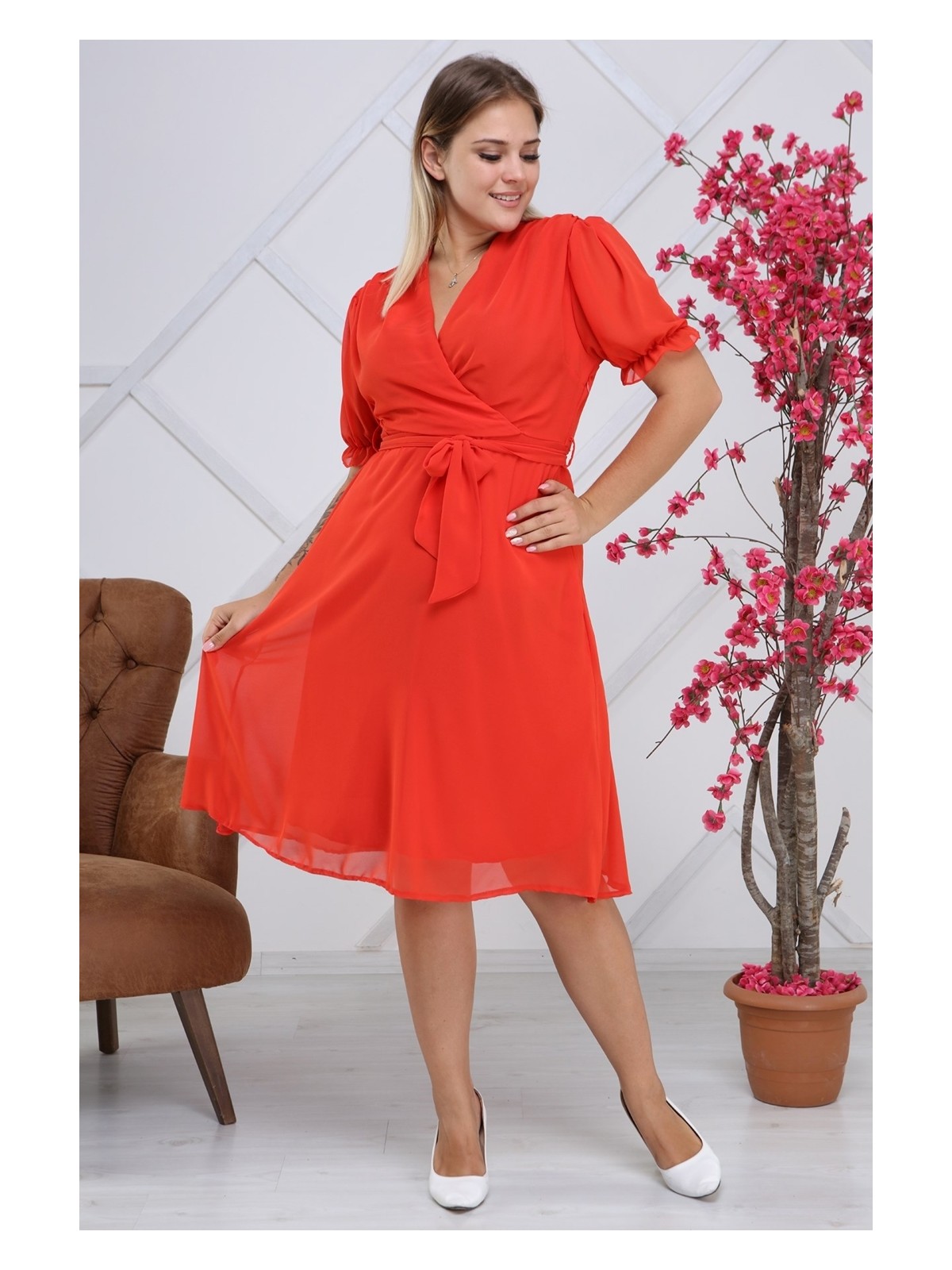 Apsen Kadın Kruvaze Yaka Kuşaklı Büyük Beden Midi Boy Şifon Elbise 4255-110 - Görsel 6