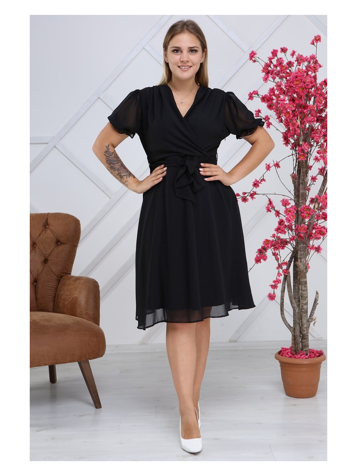 Apsen Kadın Kruvaze Yaka Kuşaklı Büyük Beden Midi Boy Şifon Elbise 4255-110