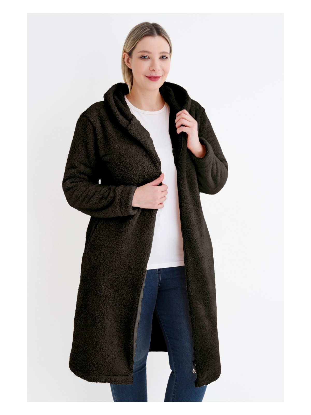 Intensive Collection Kadın Büyük Beden Uzun Kollu Cepli Kapüşonlü Peluş Uzun Hırka