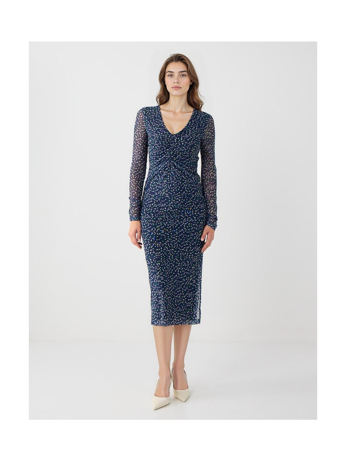 Jimmy Key Koyu Petrol V Yaka Uzun Kollu Puantiyeli Mesh Midi Elbise