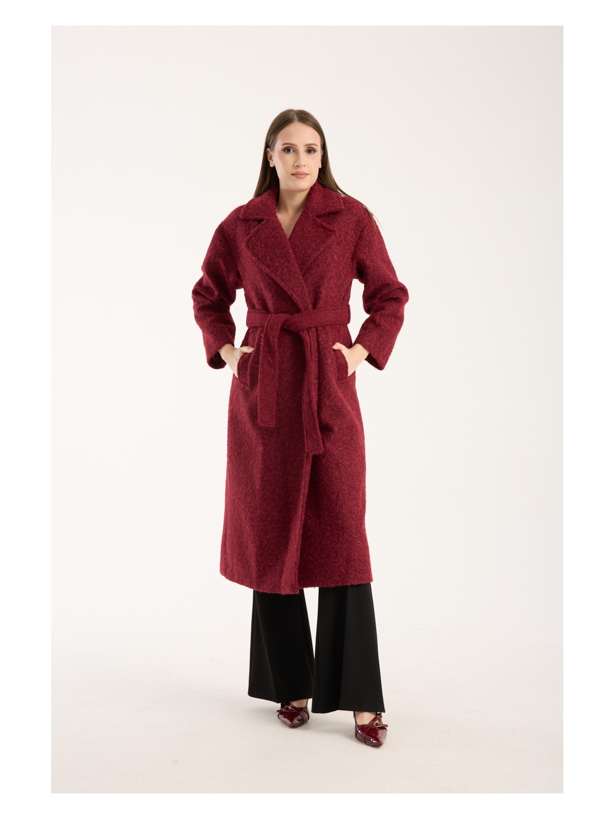 Bolivente Bordo Oversize Kadın Kaban Uzun Kol Polyester Malzeme Cepli Düz Desenli Rahat Tasarım - Görsel 5
