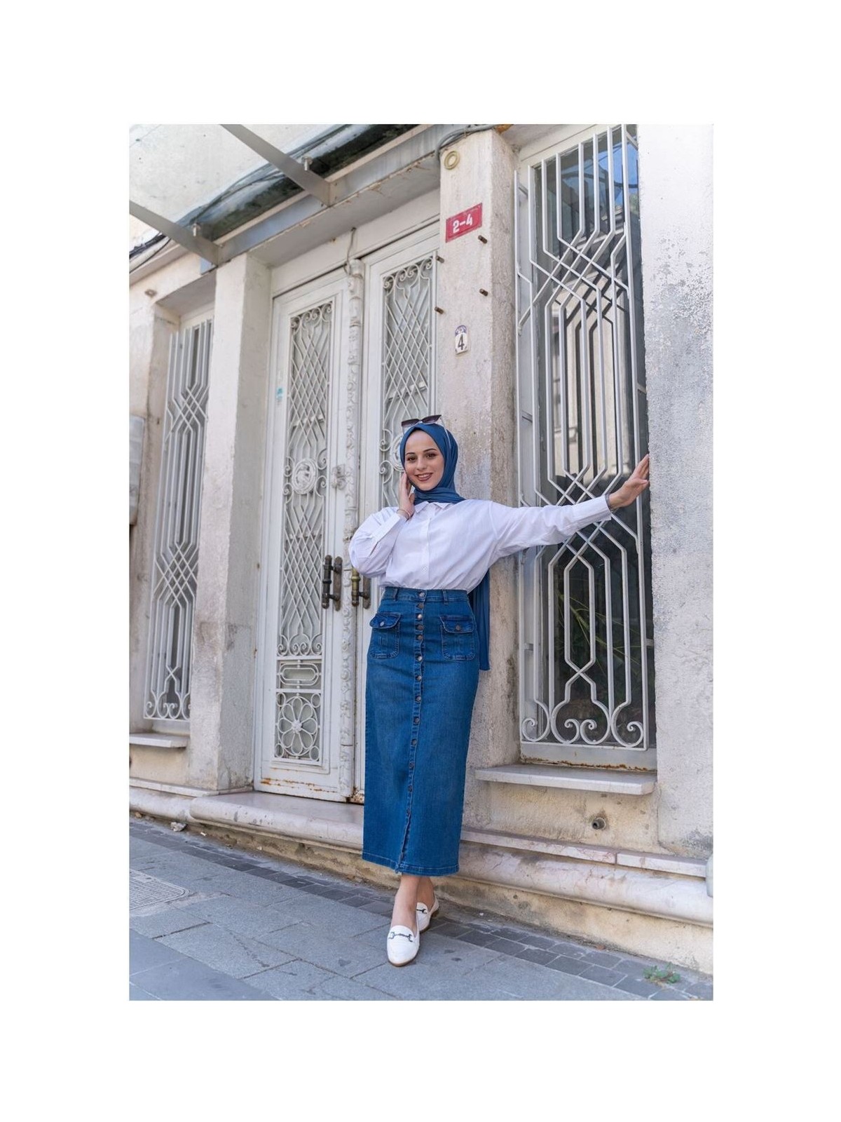 Vellichor Boydan Düğmeli Körük Cepli Tesettür Etek Antrasit - Görsel 4