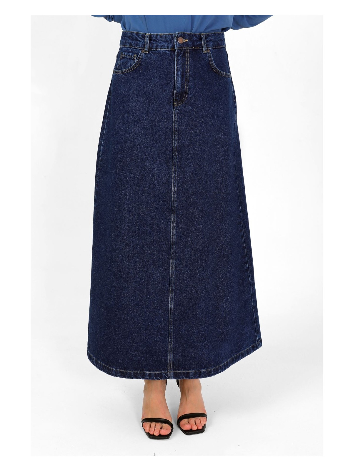 Vellichor Yüksek Bel A Kesim Denim Etek Yeşil - Görsel 4