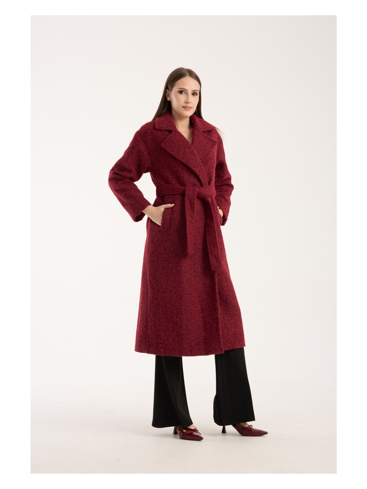Bolivente Bordo Oversize Kadın Kaban Uzun Kol Polyester Malzeme Cepli Düz Desenli Rahat Tasarım - Görsel 6