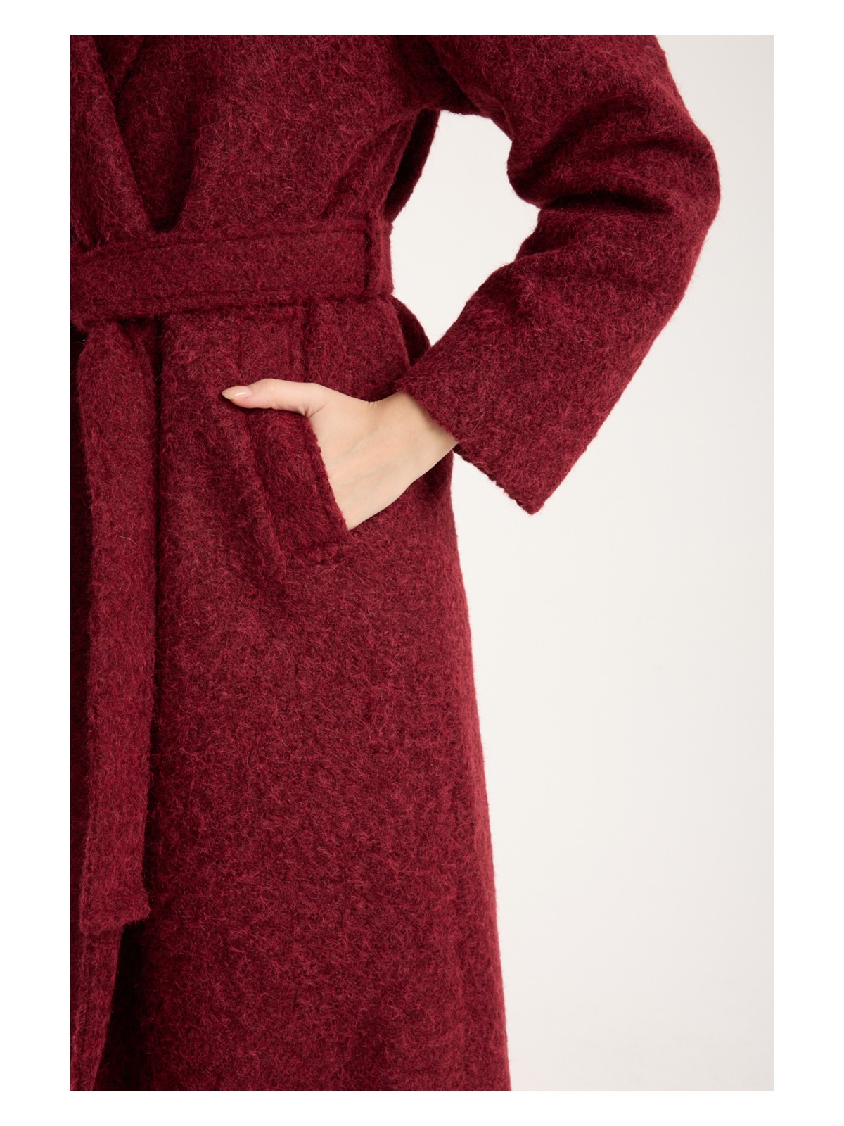 Bolivente Bordo Oversize Kadın Kaban Uzun Kol Polyester Malzeme Cepli Düz Desenli Rahat Tasarım - Görsel 7