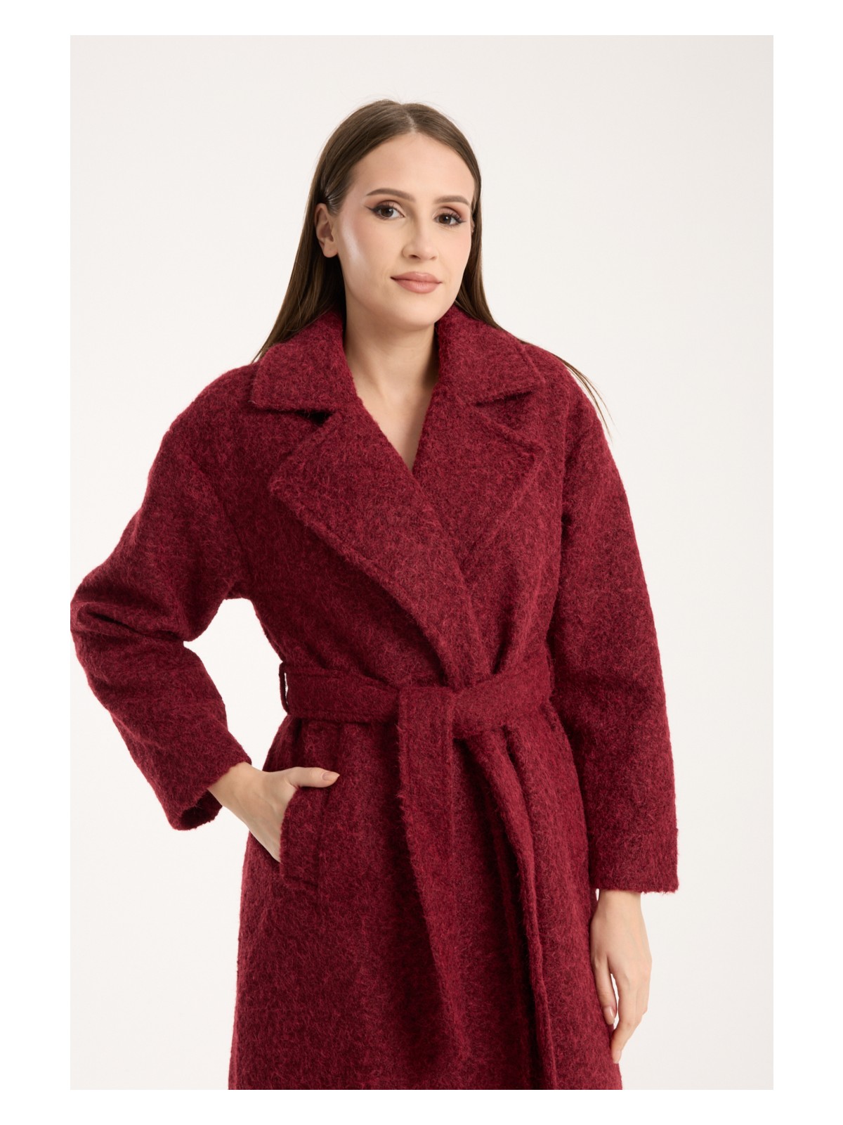 Bolivente Bordo Oversize Kadın Kaban Uzun Kol Polyester Malzeme Cepli Düz Desenli Rahat Tasarım - Görsel 9