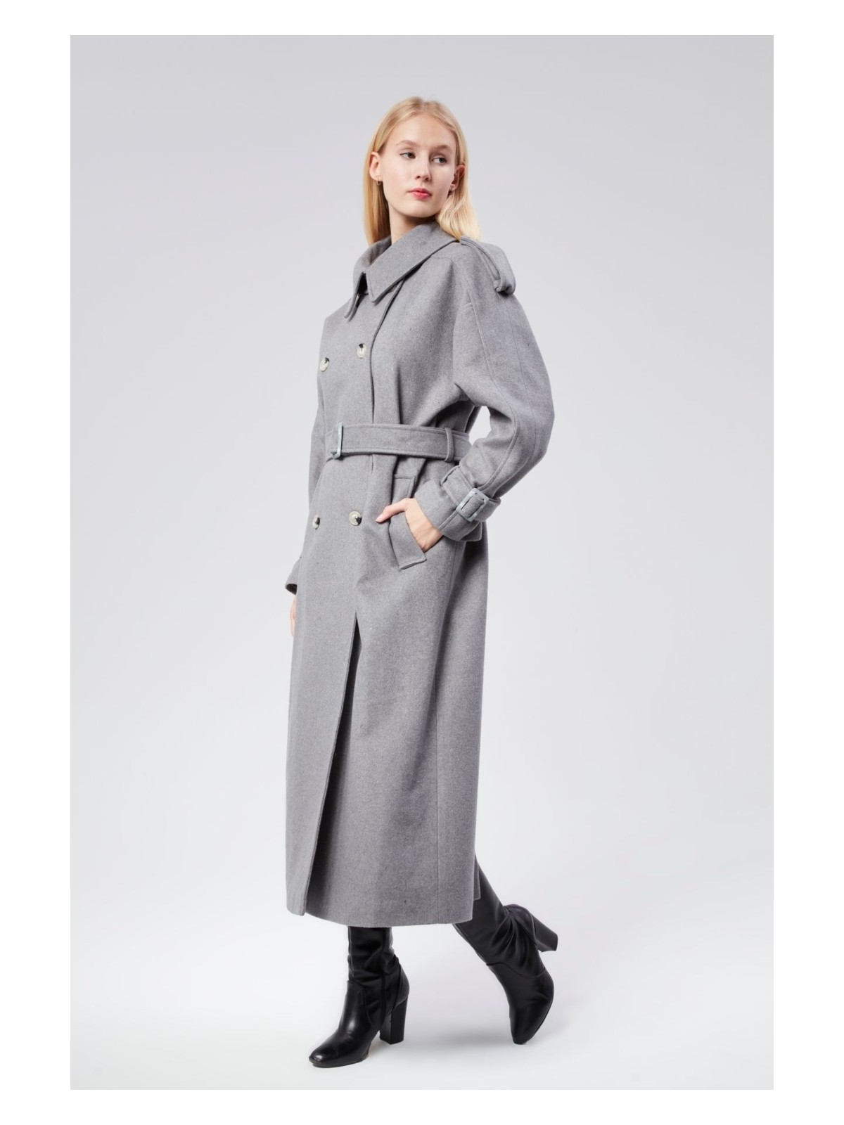Bolivente Kuşaklı Oversize Kaşe Kaban - Görsel 7
