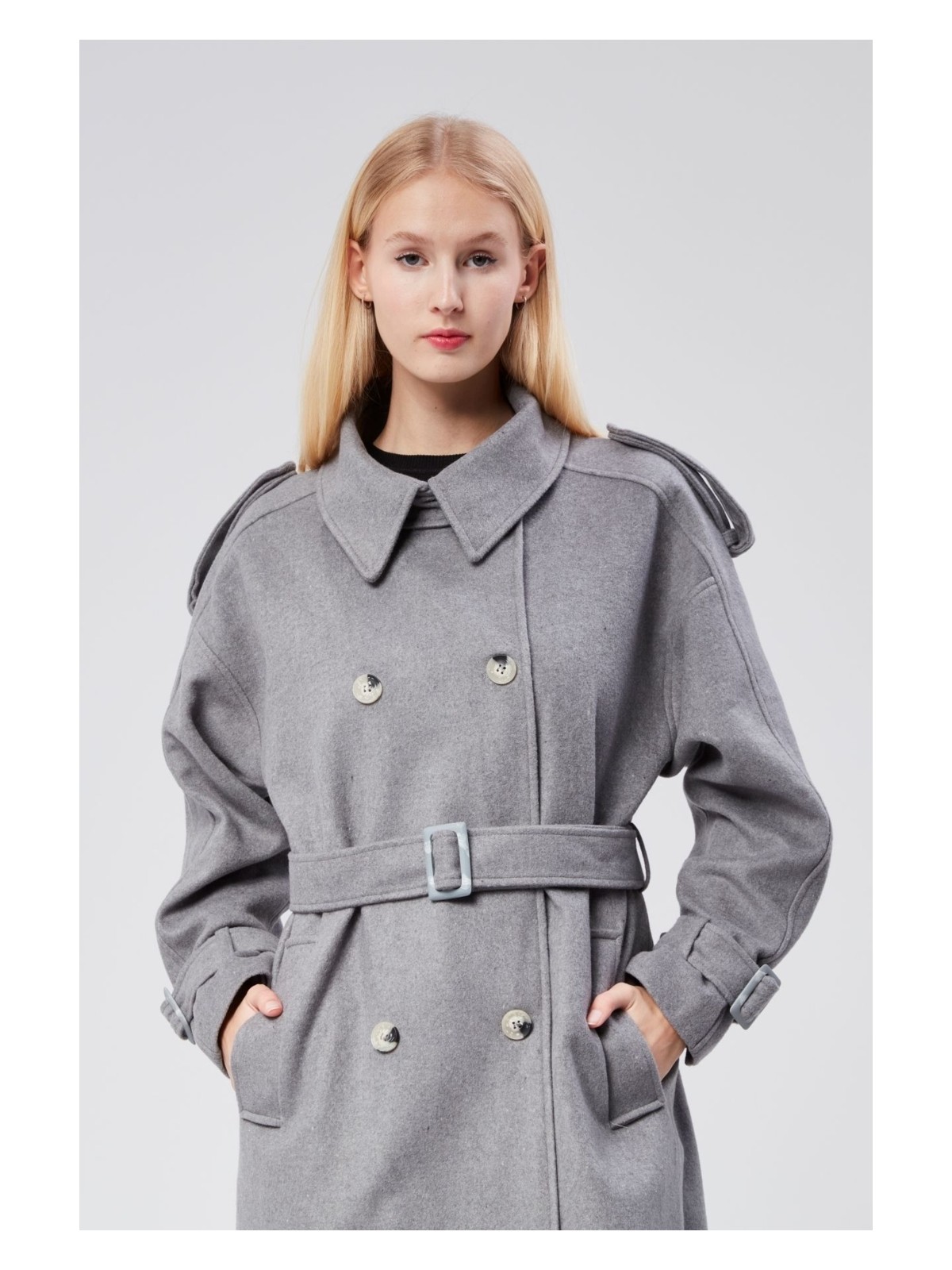 Bolivente Kuşaklı Oversize Kaşe Kaban - Görsel 8