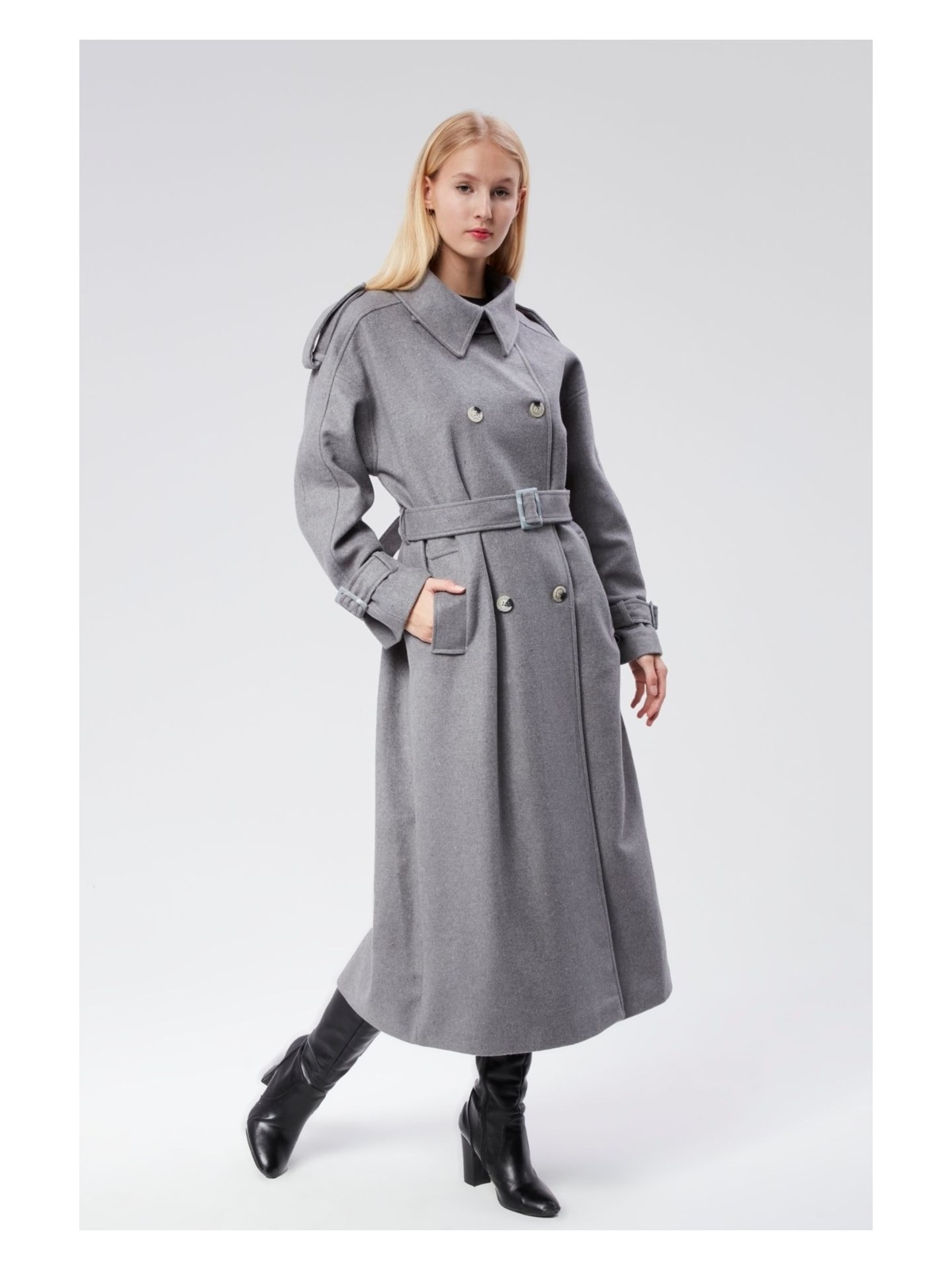 Bolivente Kuşaklı Oversize Kaşe Kaban - Görsel 10