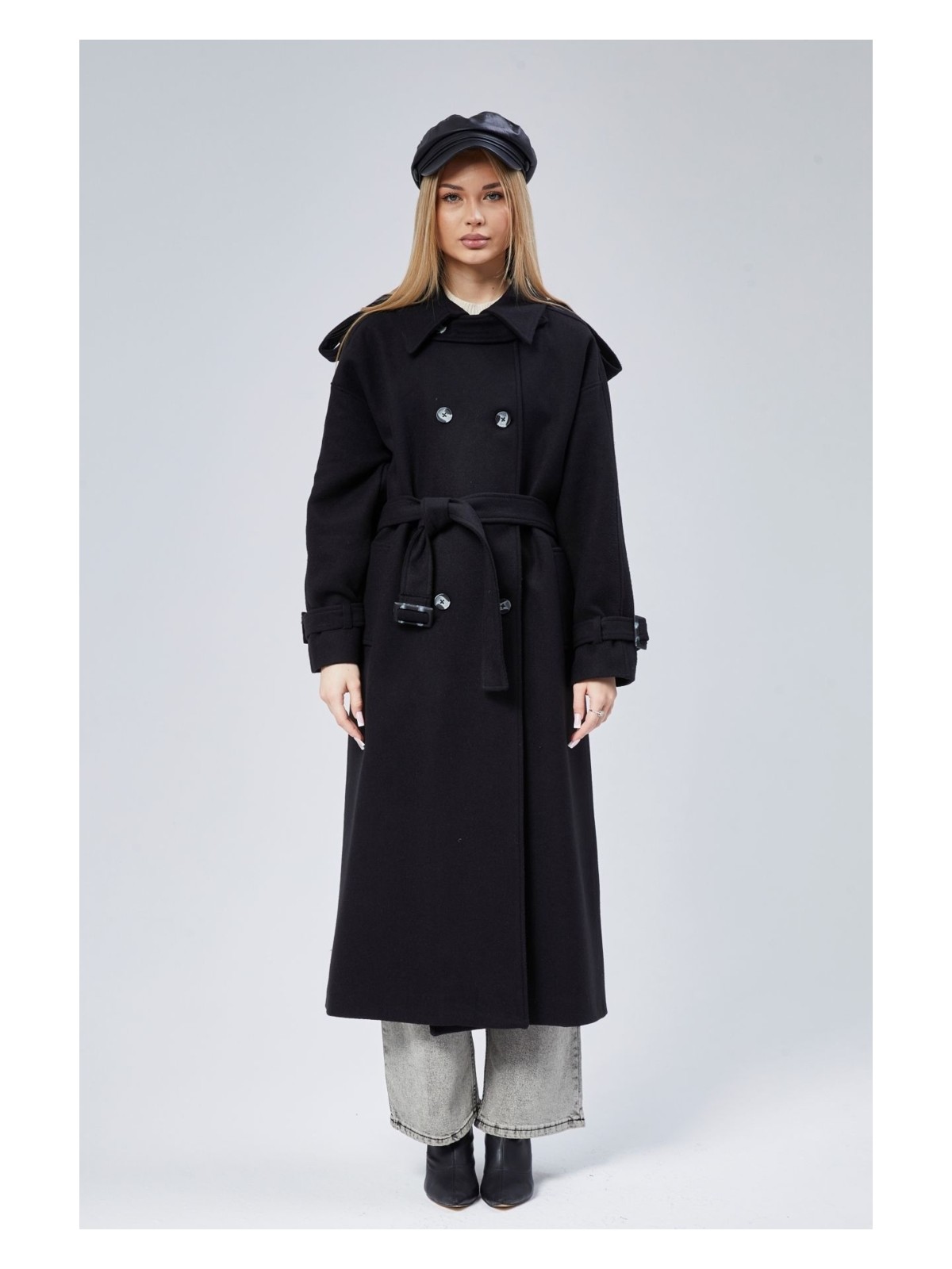 Bolivente Kuşaklı Oversize Kaşe Kaban - Görsel 6