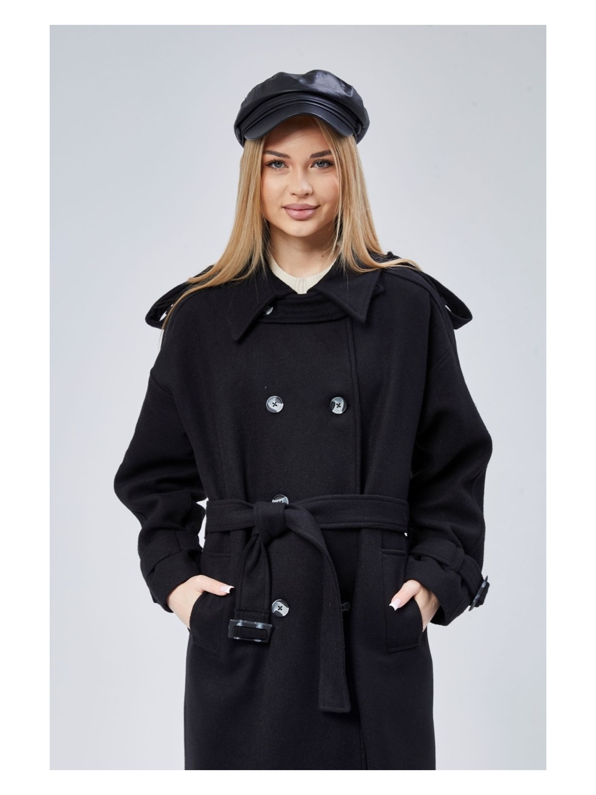 Bolivente Kuşaklı Oversize Kaşe Kaban - Görsel 8