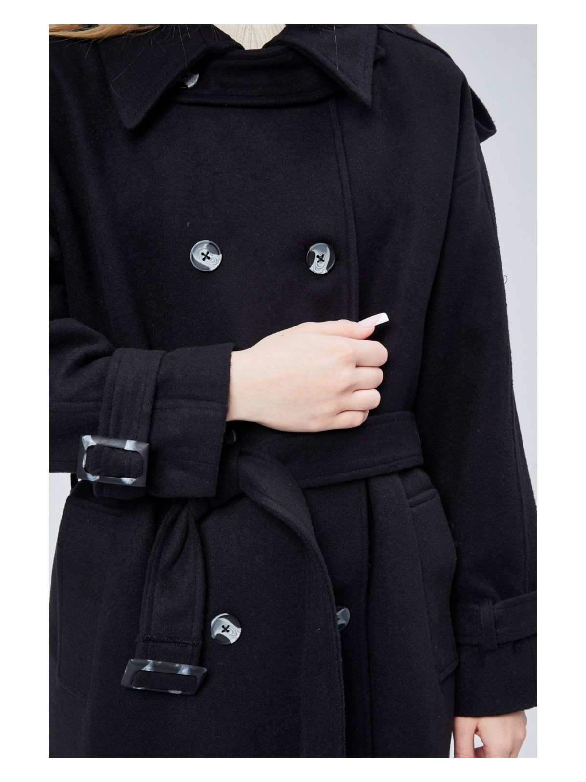 Bolivente Kuşaklı Oversize Kaşe Kaban - Görsel 10