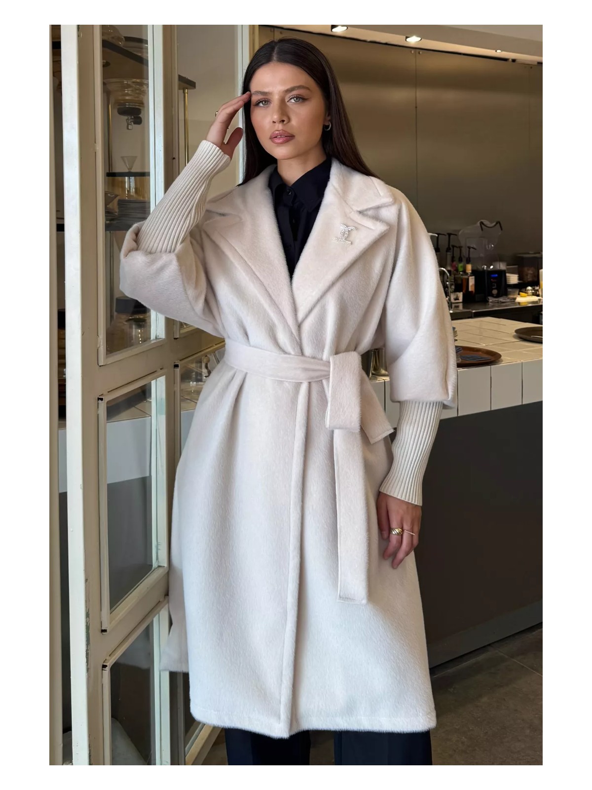 Gülseli Kadın Su Fırçalı Kuşaklı Kaşe Kaban P-00018373 - Görsel 6