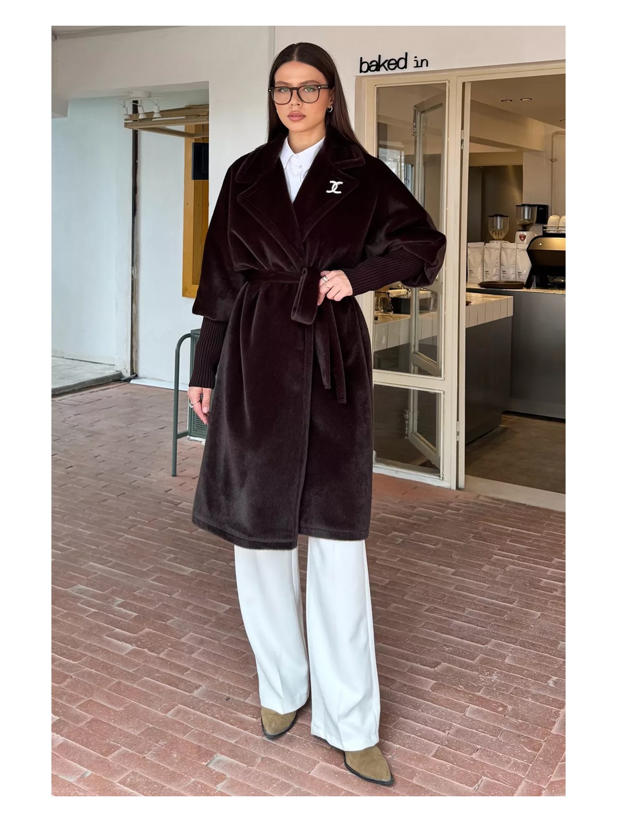 Gülseli Kadın Su Fırçalı Kuşaklı Kaşe Kaban P-00018373 - Görsel 2