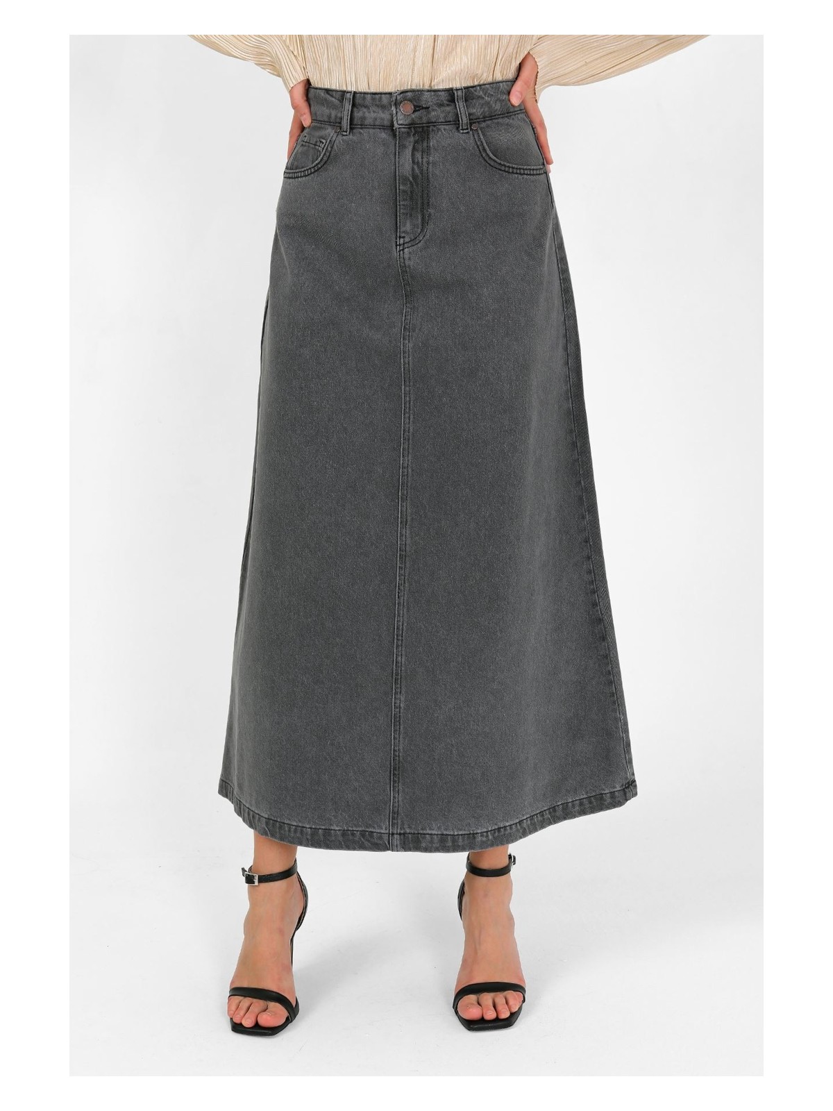 Vellichor Yüksek Bel A Kesim Denim Etek Kahverengi - Görsel 8