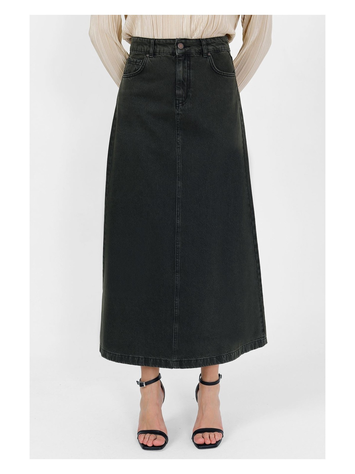 Vellichor Yüksek Bel A Kesim Denim Etek Kahverengi - Görsel 9