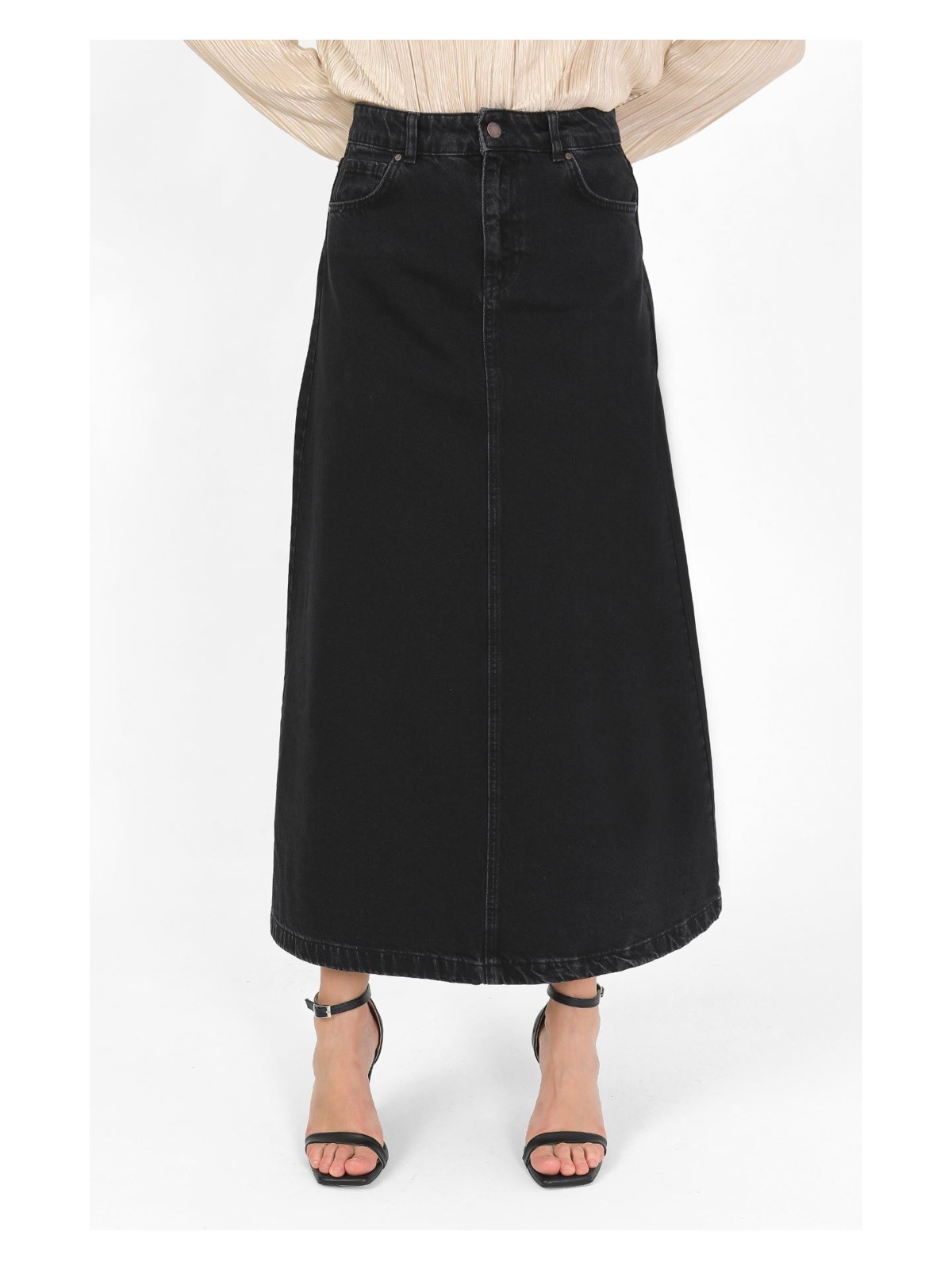 Vellichor Yüksek Bel A Kesim Denim Etek Kahverengi - Görsel 3