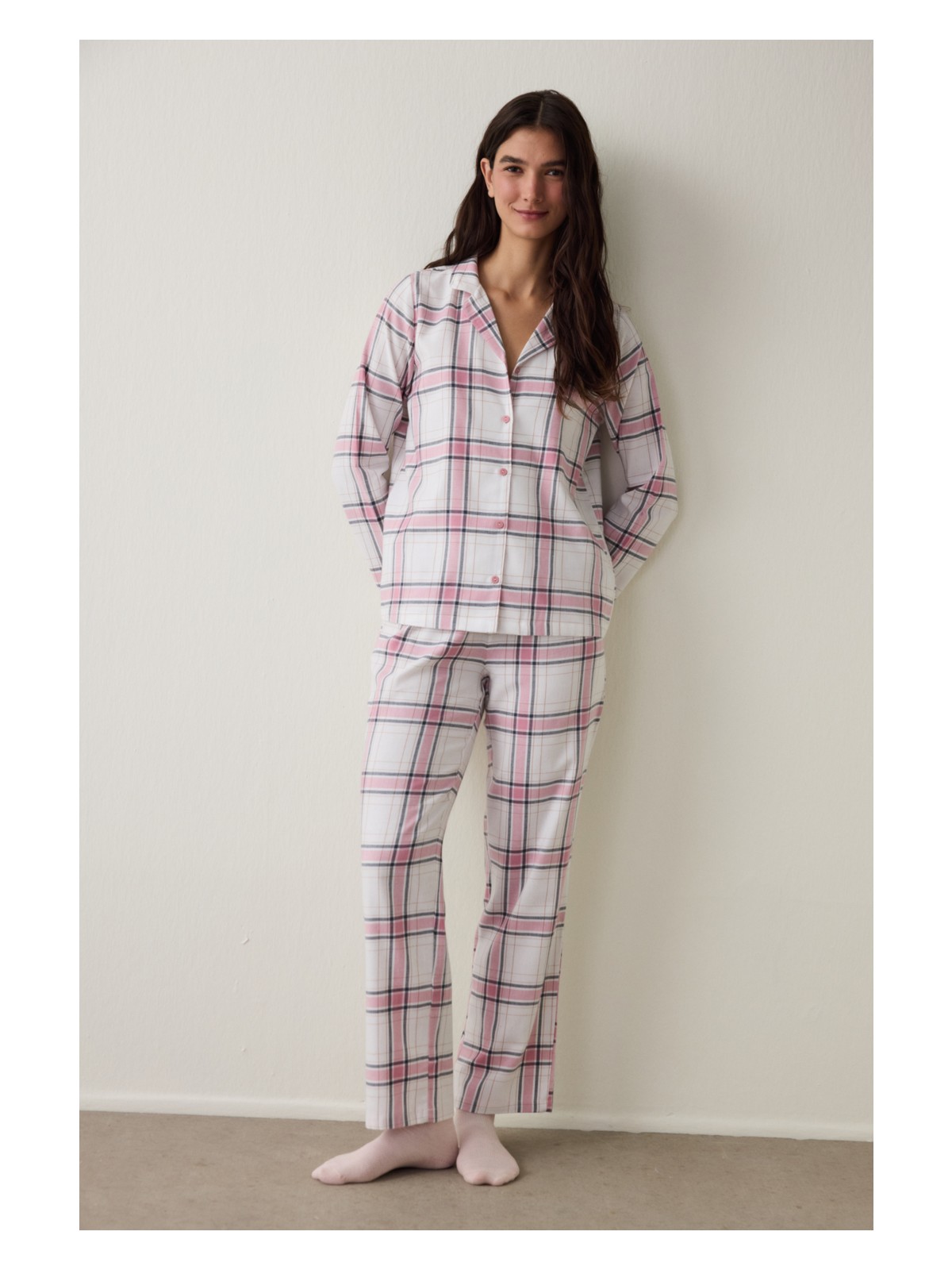 Penti Pembe Ekoseli Gömlek Yaka Pamuklu Uzun Kollu Pijama Takımı