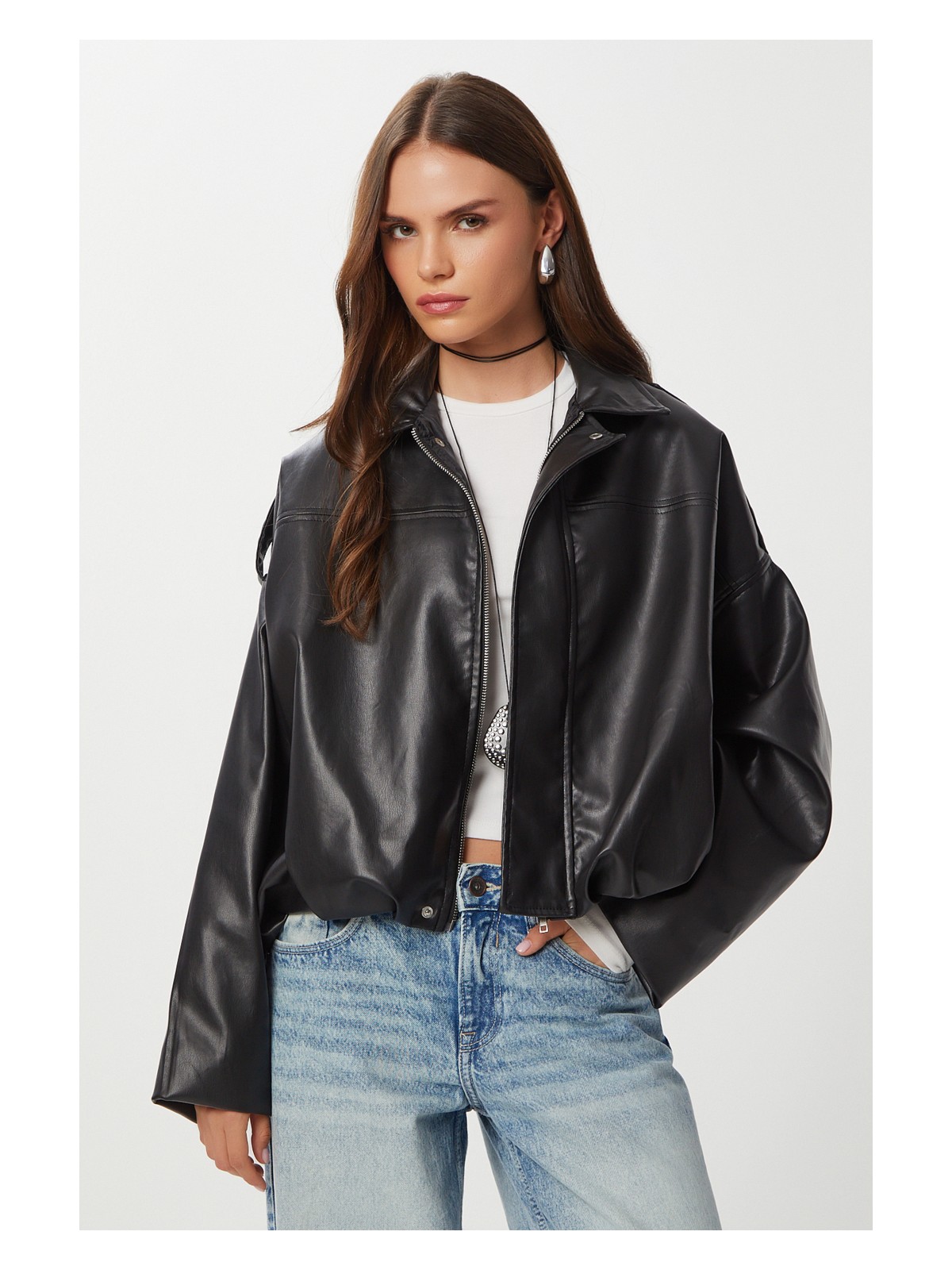 Happiness İstanbul Suni Deri Bomber Ceket LOH0012 Siyah