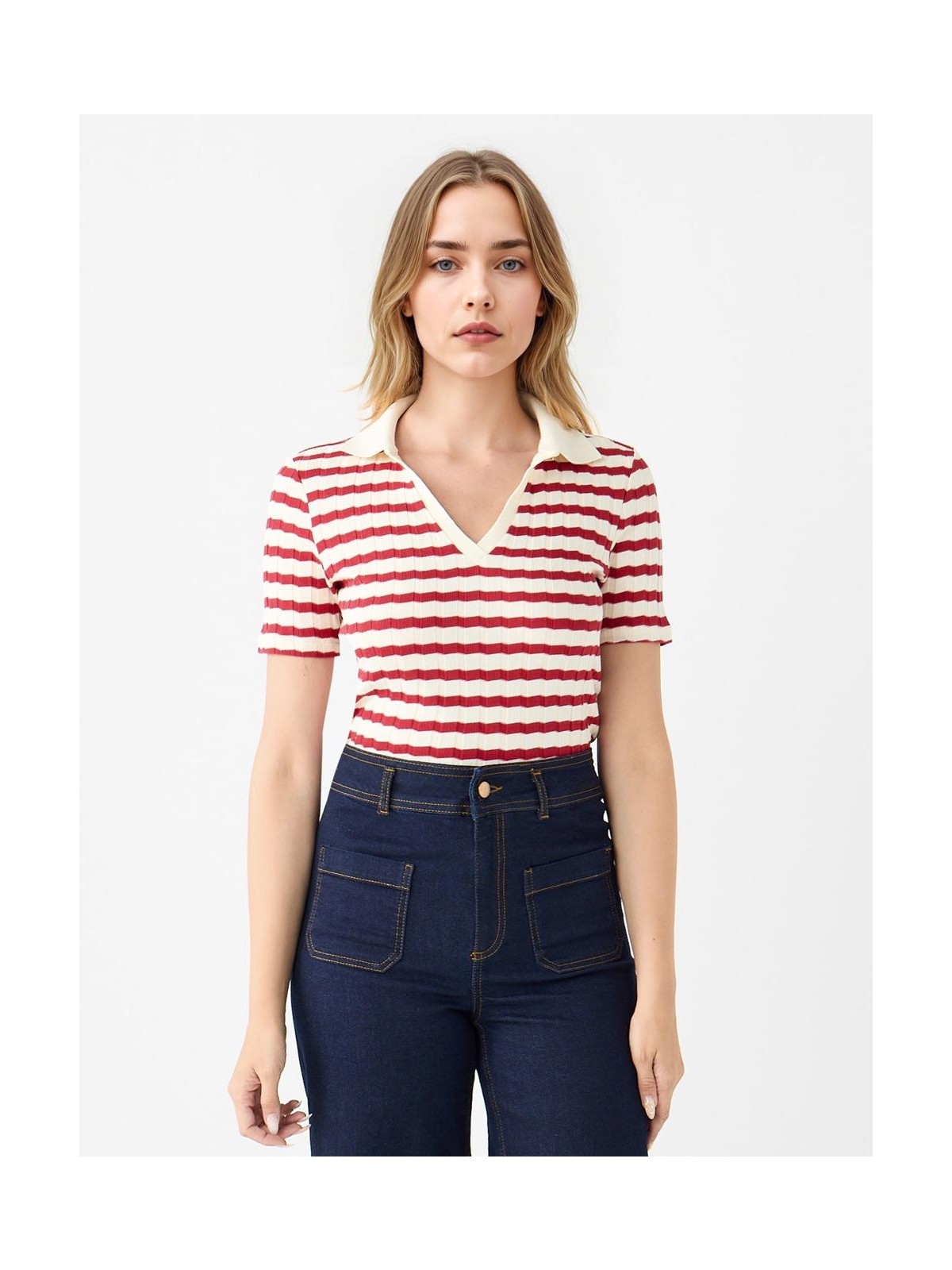 Jimmy Key Kırmızı Kısa Kollu Gömlek Yaka Çizgili Örme Bluz