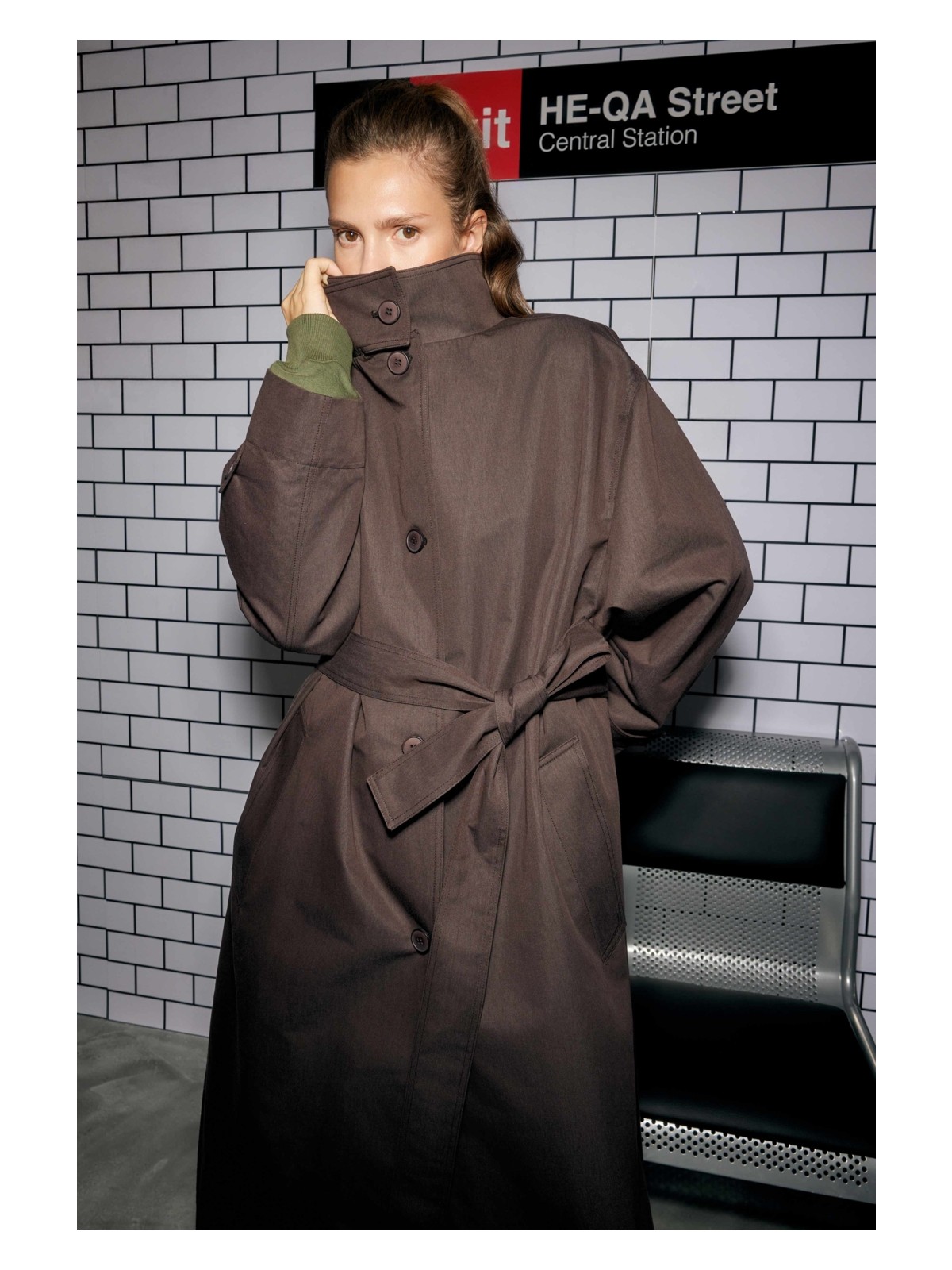 HE-QA Funnel Neck Uzun Trençkot Acı Kahve