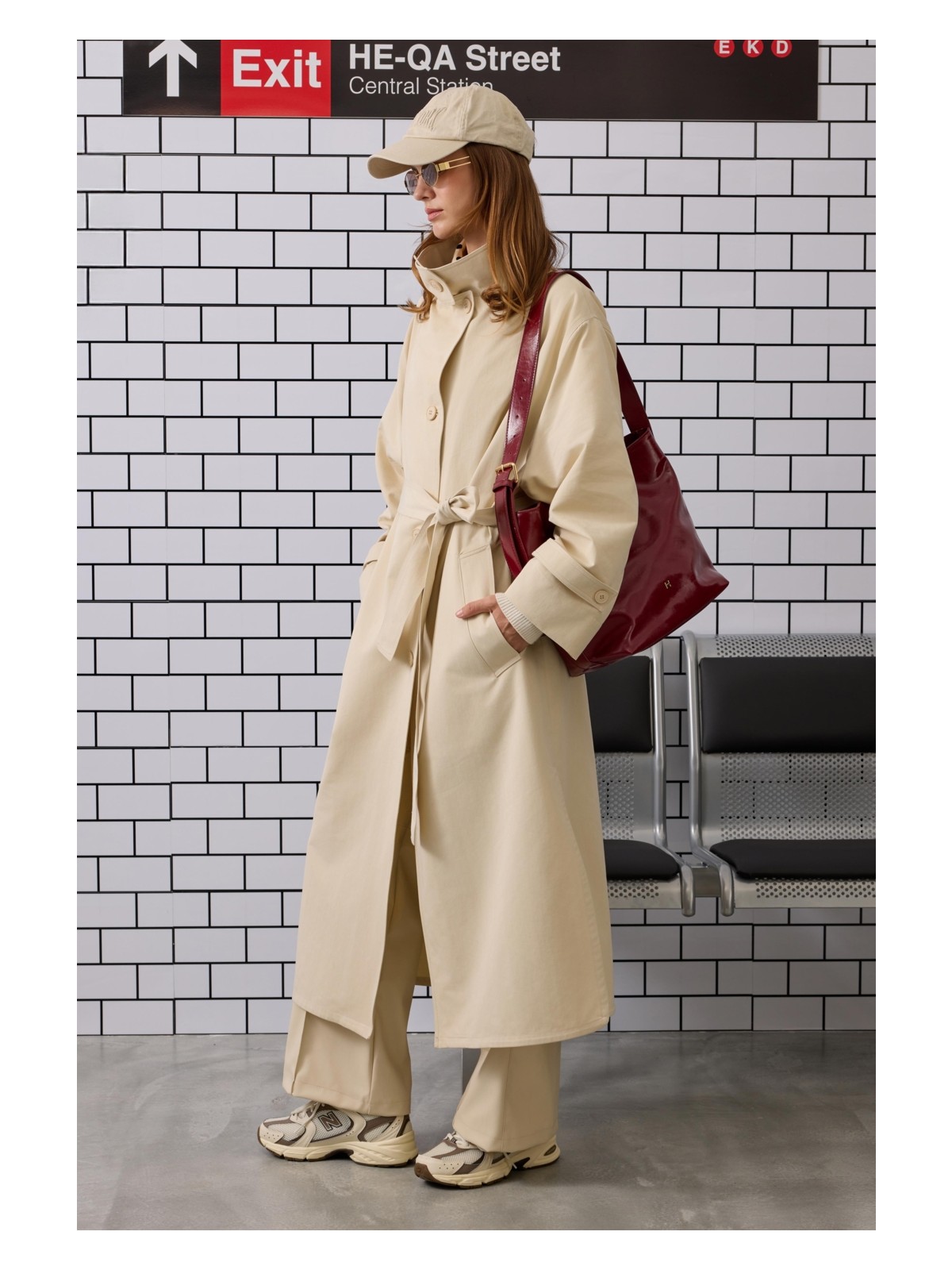 HE-QA Funnel Neck Uzun Trençkot Acı Kahve - Görsel 5