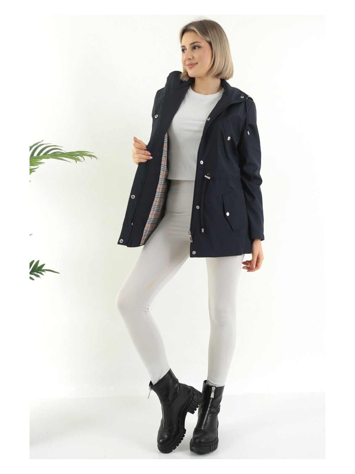 TUTveAL Collection Kadın Suya Dayanıklı Trençkot Kapüşonlu Ekoseli Vizon Trençkot Bonded Kumaş Trençkot - Görsel 7