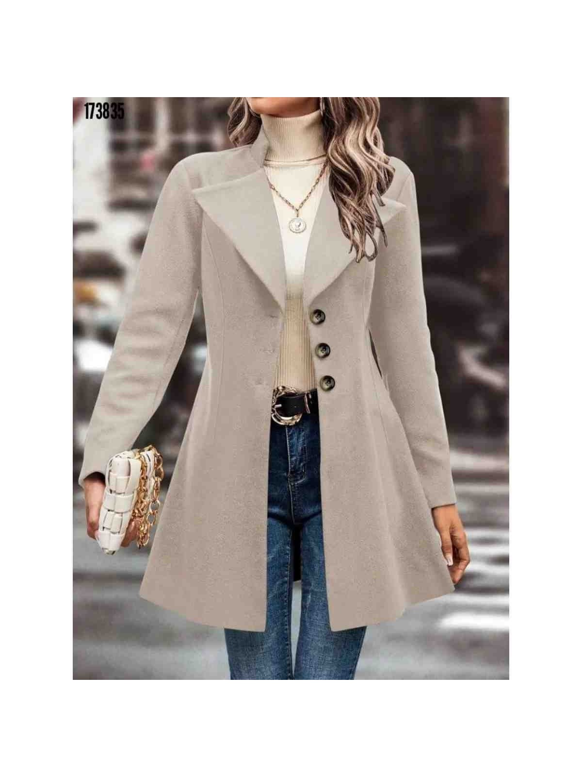 CBM Kadın Uzun Kollu Yakalı Önden Düğmeli Kısa Kaşe Kaban, Kırmızı Gül Figürlü Kolye Hediye - Görsel 5