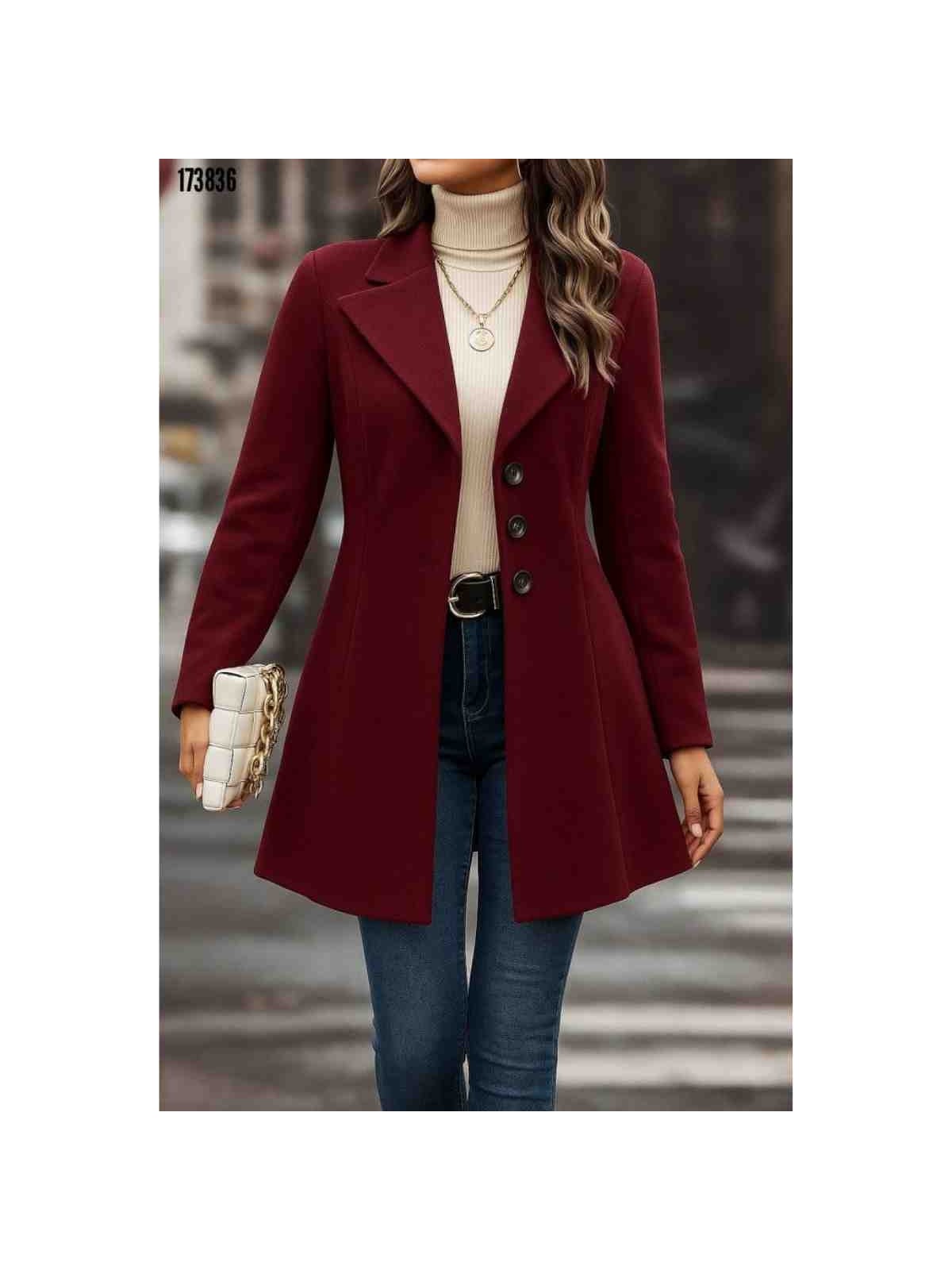 CBM Kadın Uzun Kollu Yakalı Önden Düğmeli Kısa Kaşe Kaban, Kırmızı Gül Figürlü Kolye Hediye - Görsel 6