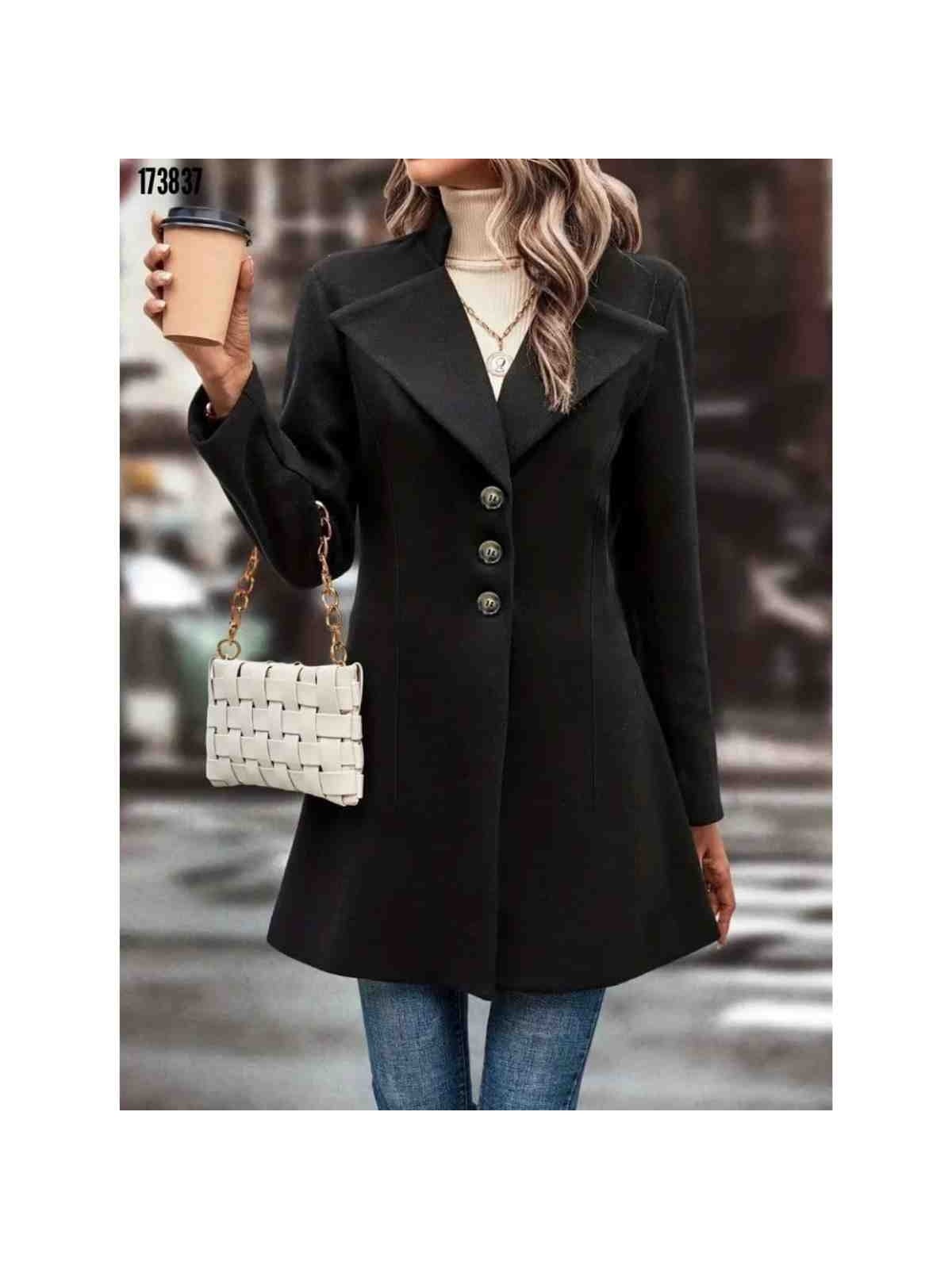 CBM Kadın Uzun Kollu Yakalı Önden Düğmeli Kısa Kaşe Kaban, Kırmızı Gül Figürlü Kolye Hediye - Görsel 4