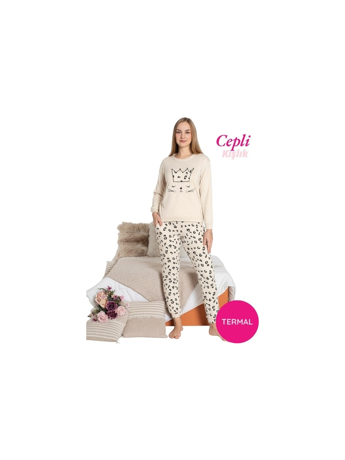 Bie's Kadın Kırmızı Bisiklet Yaka Düğmesiz Kışlık Termal Bilek Manşetli Jogger Uzun Kol Cepli Pijama Takım - Görsel 7