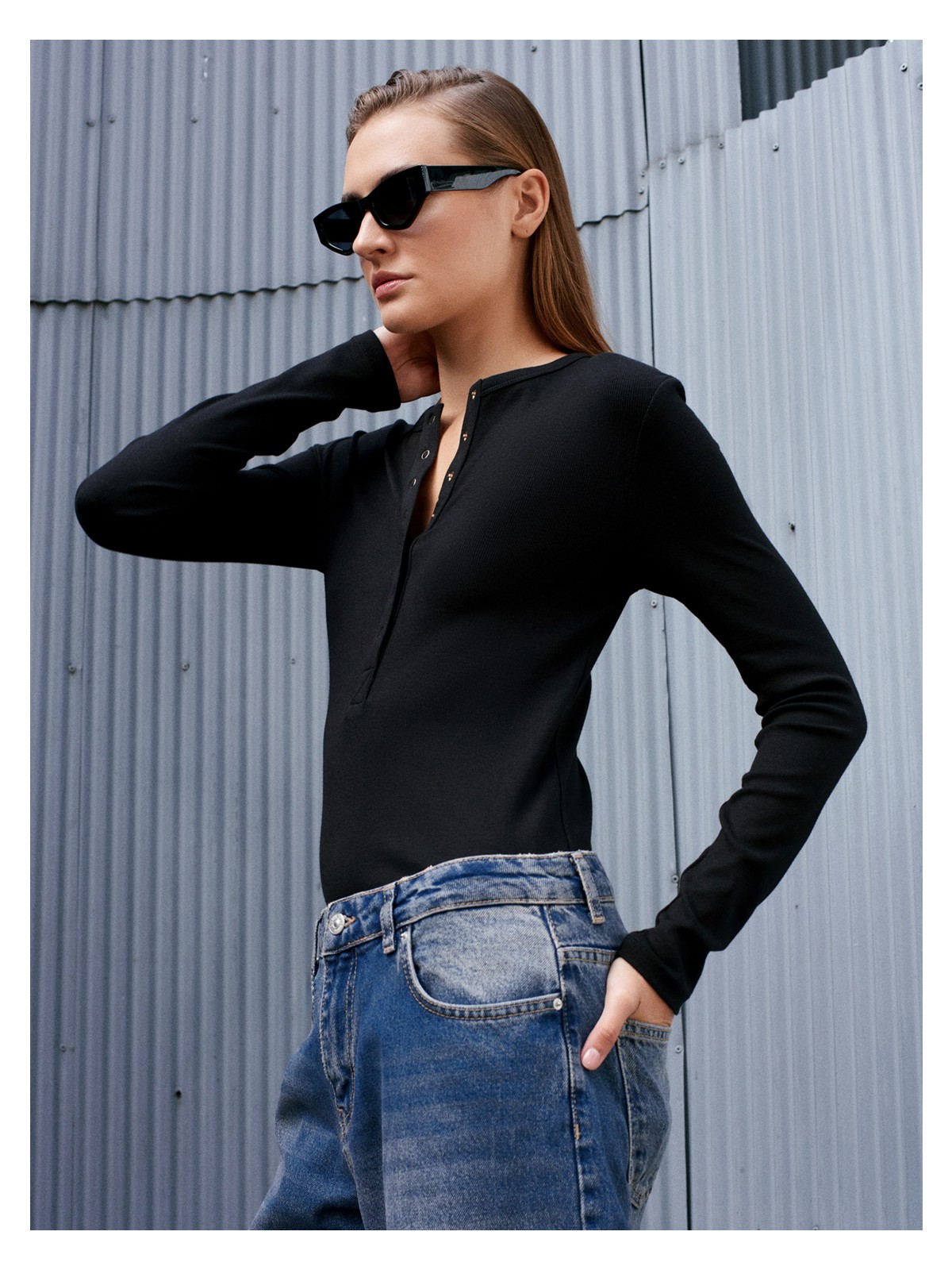 Dilvin 32024 Çıtçıtlı Uzun Kollu Top-Koyu Kahve - Görsel 5